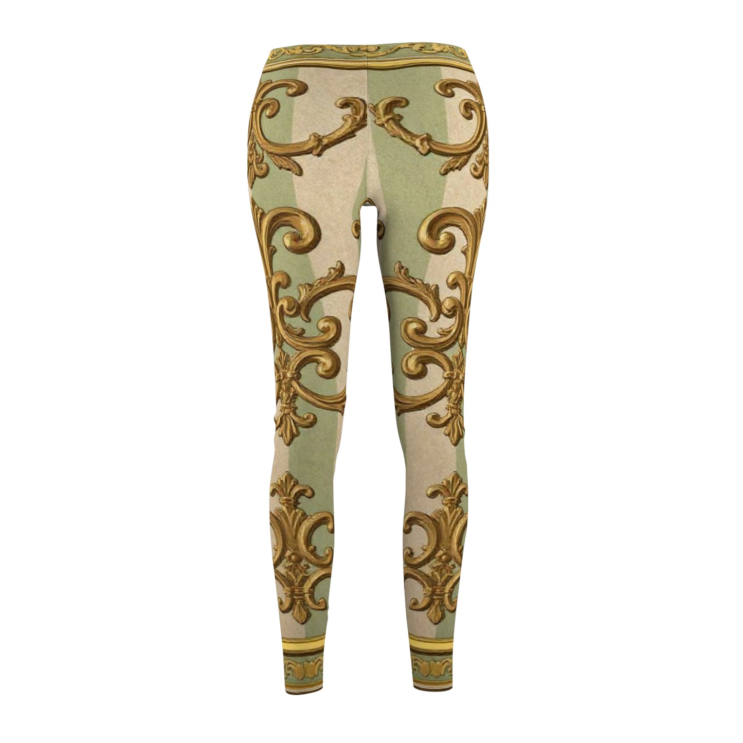 Elegant Vintage Print Leggings, Stylish Activewear, Comfortable Casual Wear, Perfect for Yoga - Mint & Beige Striped Gold Baroque