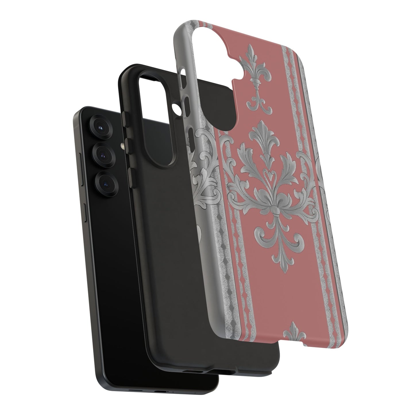 Elegant Floral Phone Case - Tough Cases for Stylish Protection - Gray & Mauve Striped Baroque