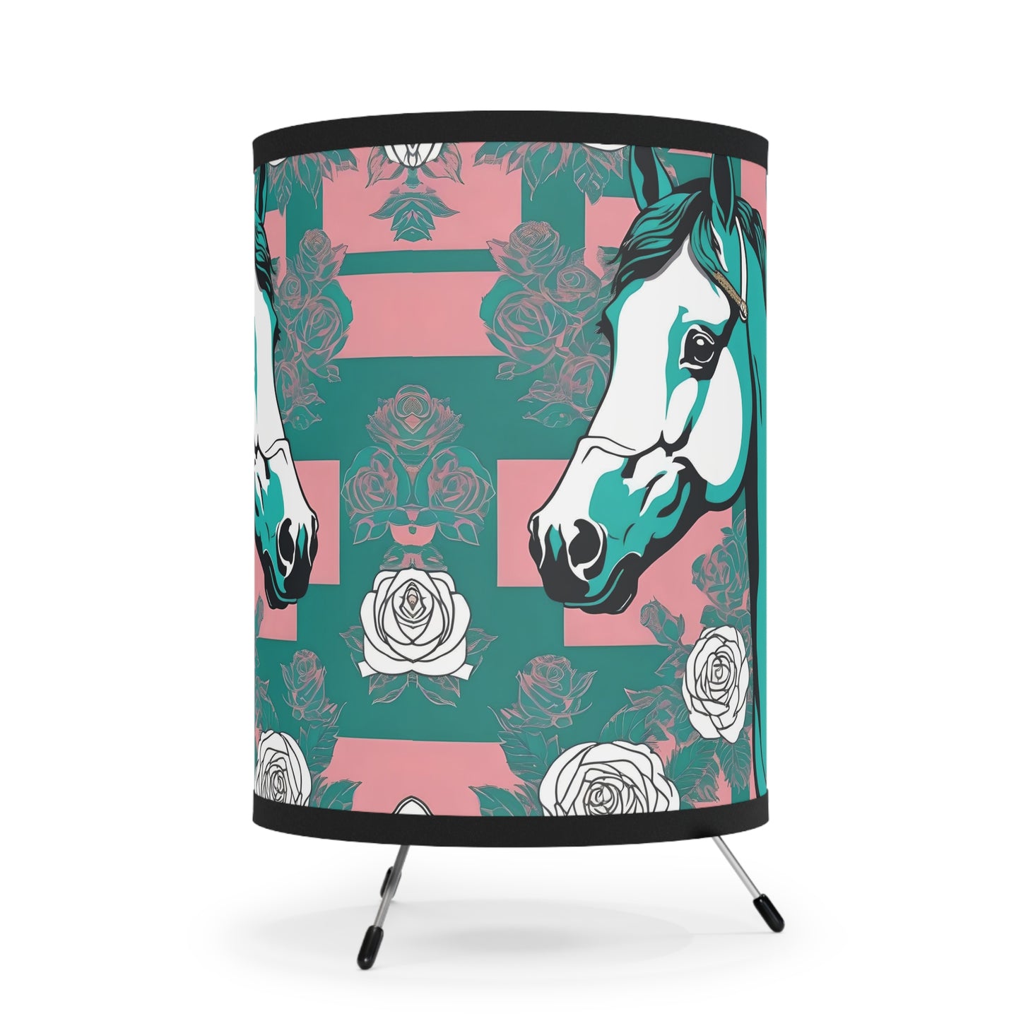 Tripod Lamp - Elegant Vintage Floral Print Home Accent - Teal & White Horse