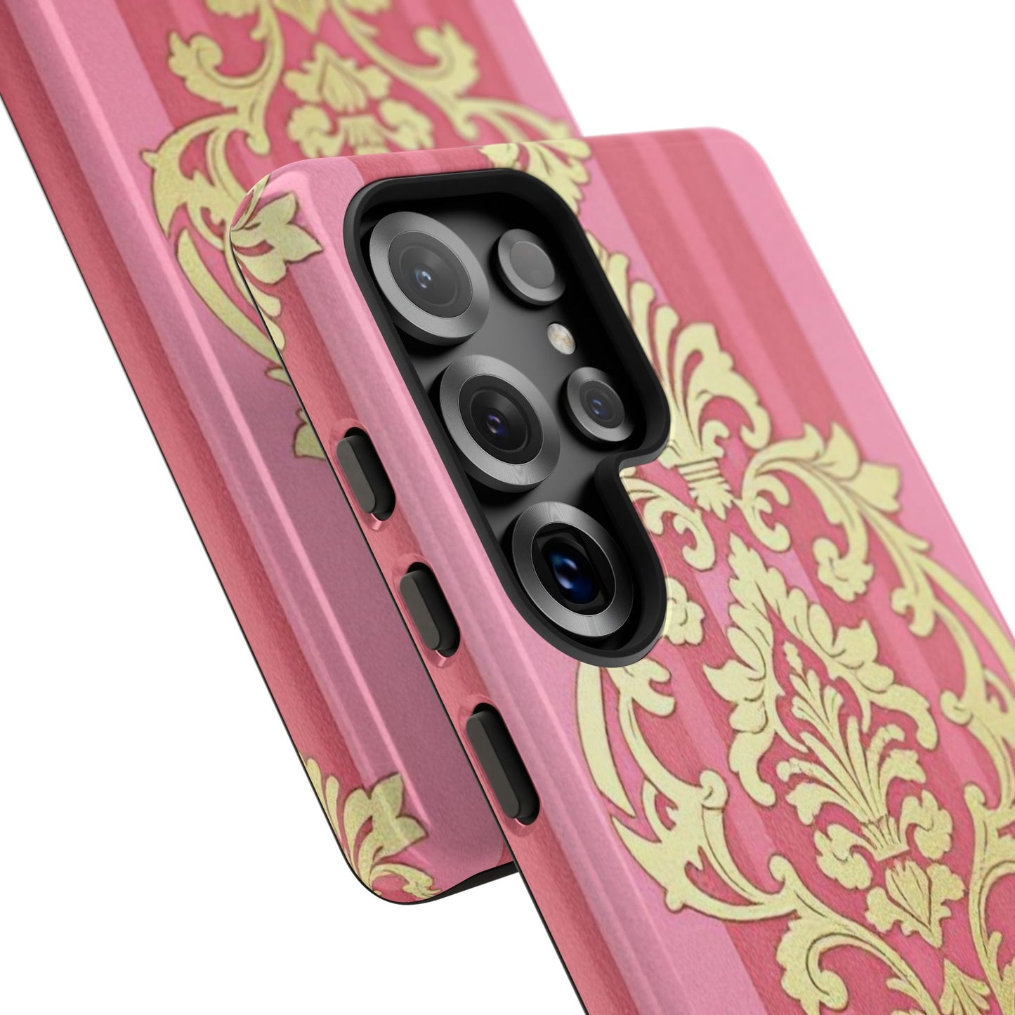 Elegant Floral Motif Phone Case - Tough Cases with Vintage Design - Pink Striped Damask