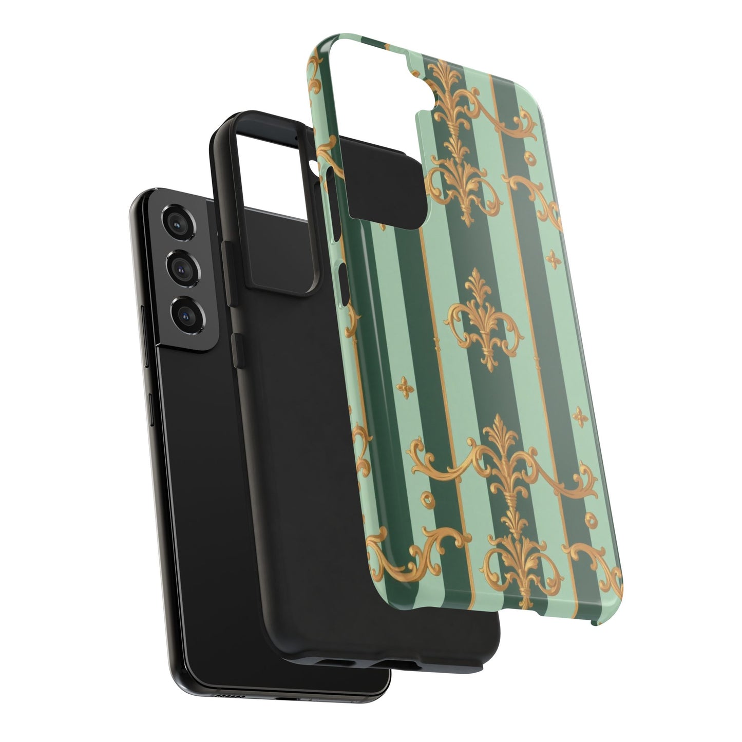 Elegant Floral Tough Phone Cases | Stylish Phone Protection, Gift for Her, Trendy Accessory, Unique Decor - Mint Green & Teal Striped Gold Baroque