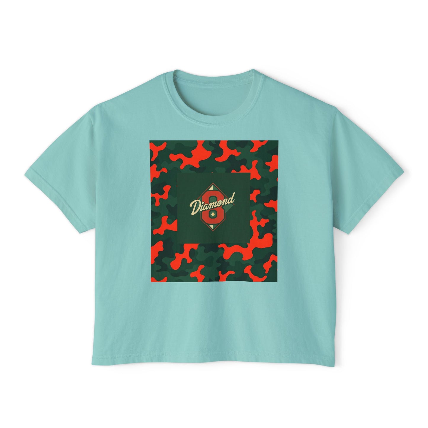 Stylish Women's Boxy Tee - Trendy Camo Print, Casual Summer Wear, Gift for Her, Streetwear Top - Green & Orange Camo Diamond 8