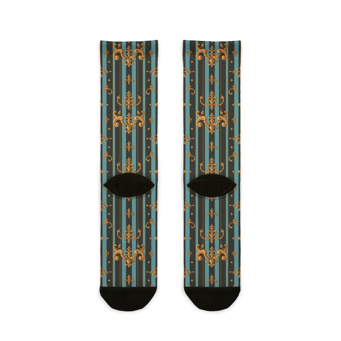 Stylish Sublimation Crew Socks, Unique Patterned Socks, Fashion Accessories for Everyday Use, Gift for Her/Him - Black & Turquoise Striped Baroque
