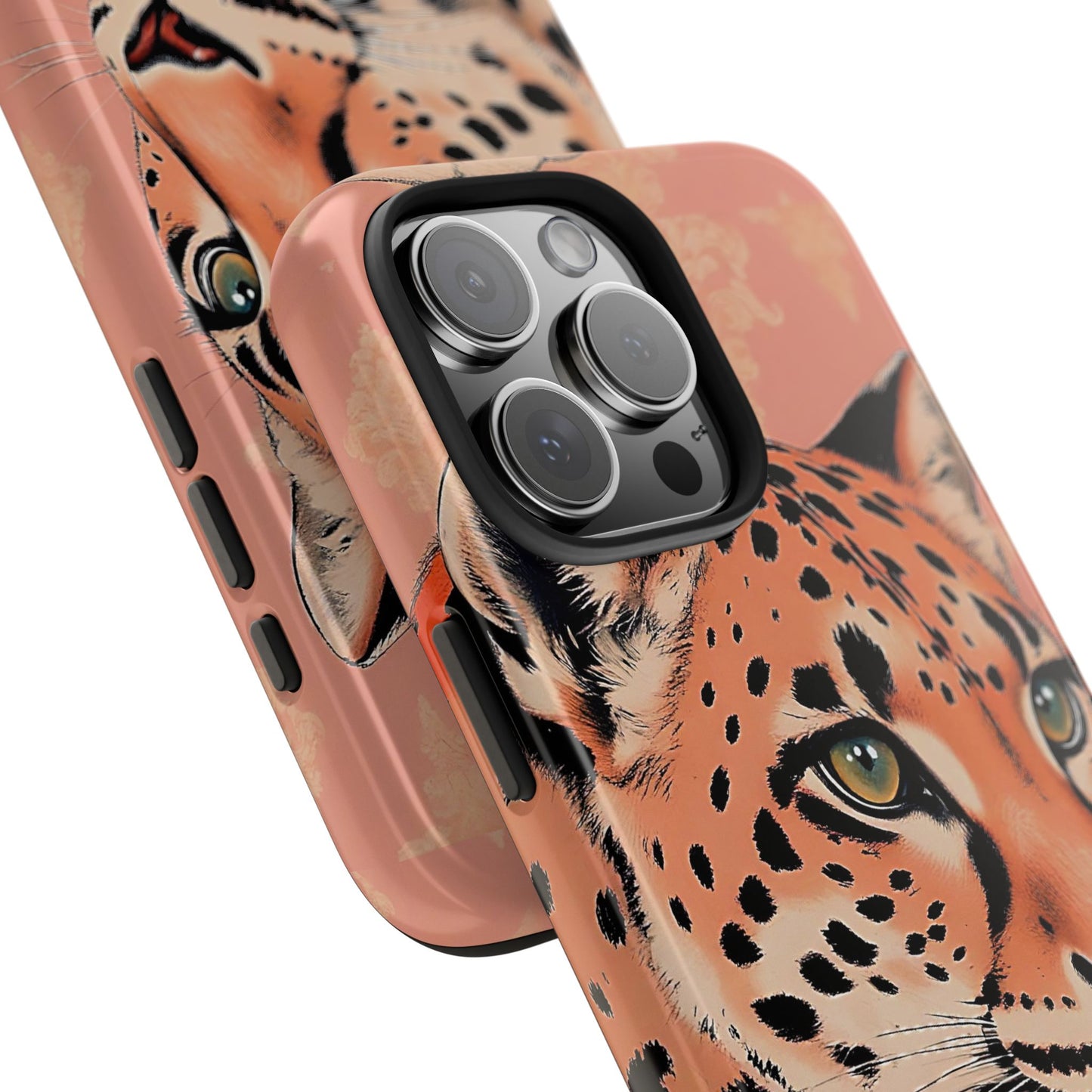 Leopard Tough Phone Case - Trendy Floral Motif Design for Animal Lovers - Peach Leopard & Damask