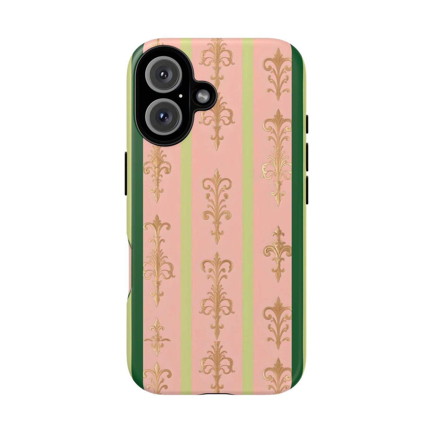 Elegant Floral Motif Phone Case - Tough Cases with Vintage Design - Lime Green & Pink Striped Damask