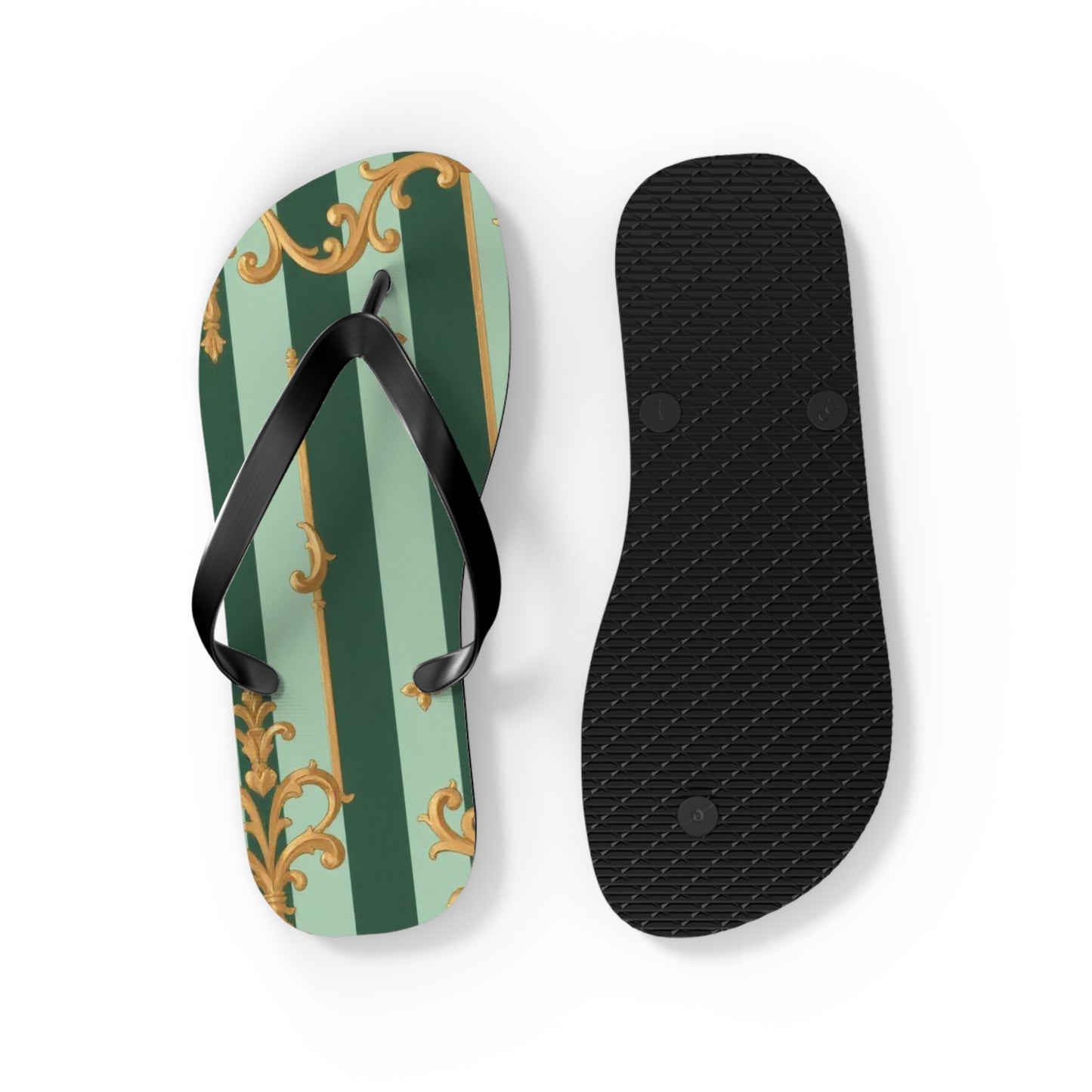 Elegant Patterned Flip Flops for Summer Fun, Beach Sandals, Casual Footwear, Vacation Essentials - Mint Green & Teal Striped Gold Baroque