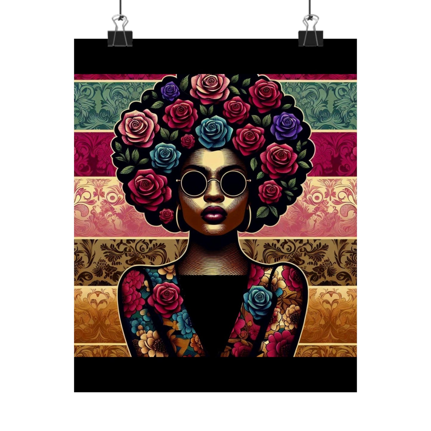Floral Afro Art Poster - Elegant Matte Vertical Wall Decor - Lady With Damask & Roses