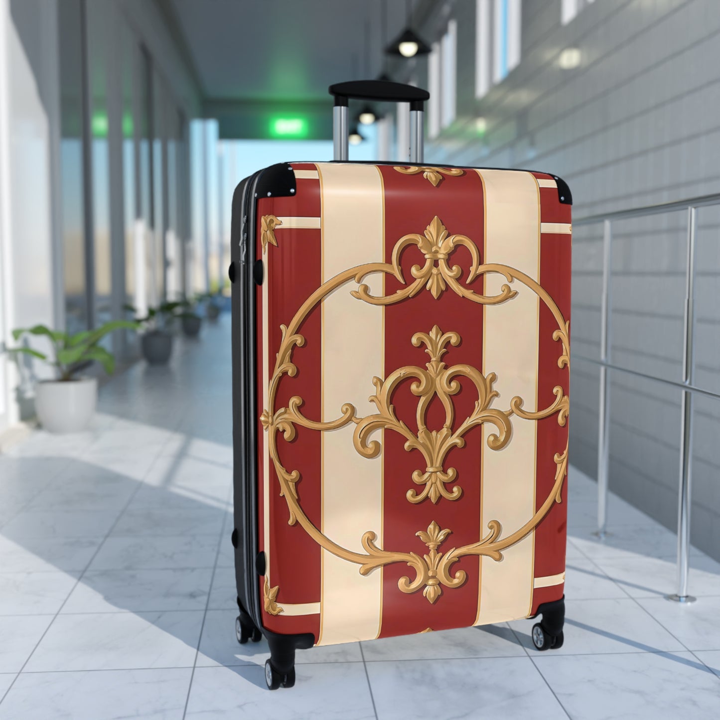 Elegant Travel Suitcase with Vintage Alabaster & Dusk Orange Striped Baroque Design