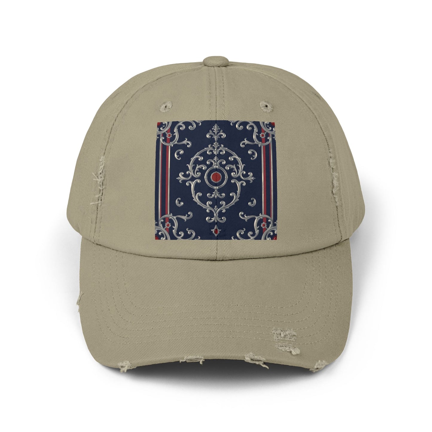 Stylish Unisex Distressed Cap with Ornate Design, Casual Hat for Outdoor Adventures, Beach Days - Blue & Red Silver Baroque