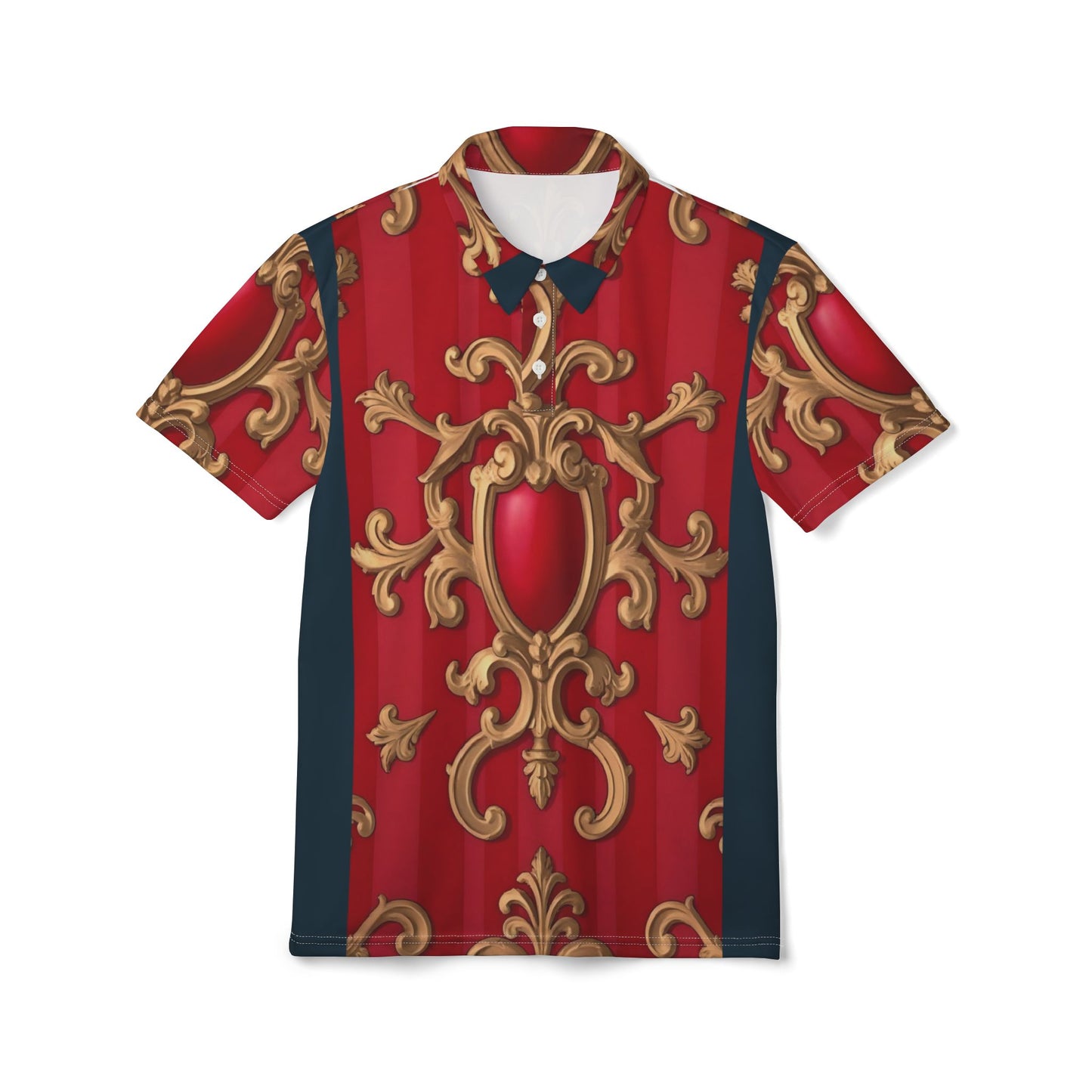 Luxurious AOP Unisex Polo Shirt | Elegant Red & Gold Design, Casual Wear, Stylish Outfit for Men & Women - Blue, Red & White Striped Baroque