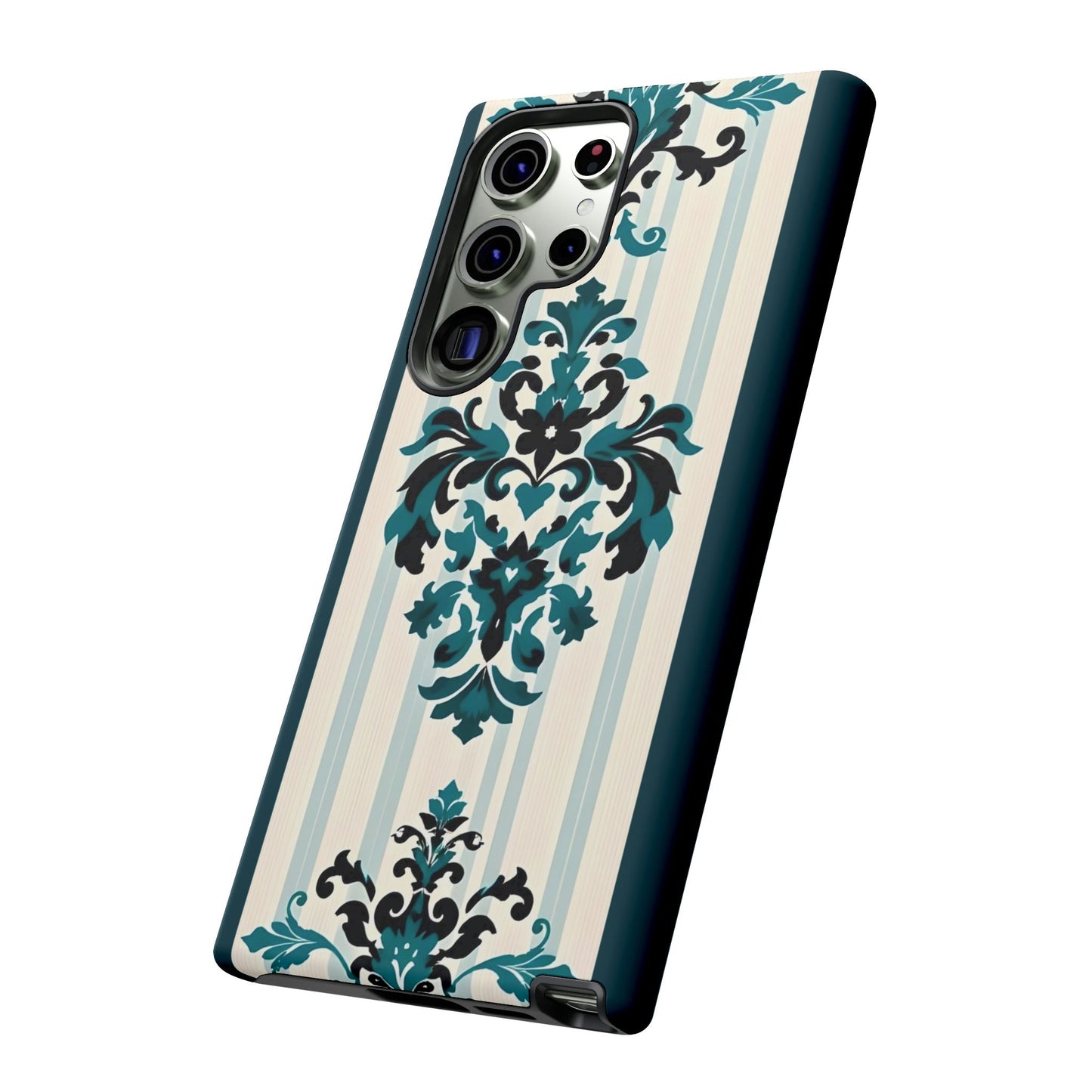 Elegant Floral Phone Case - Tough Cases with Vintage Design - Teal Striped Damask