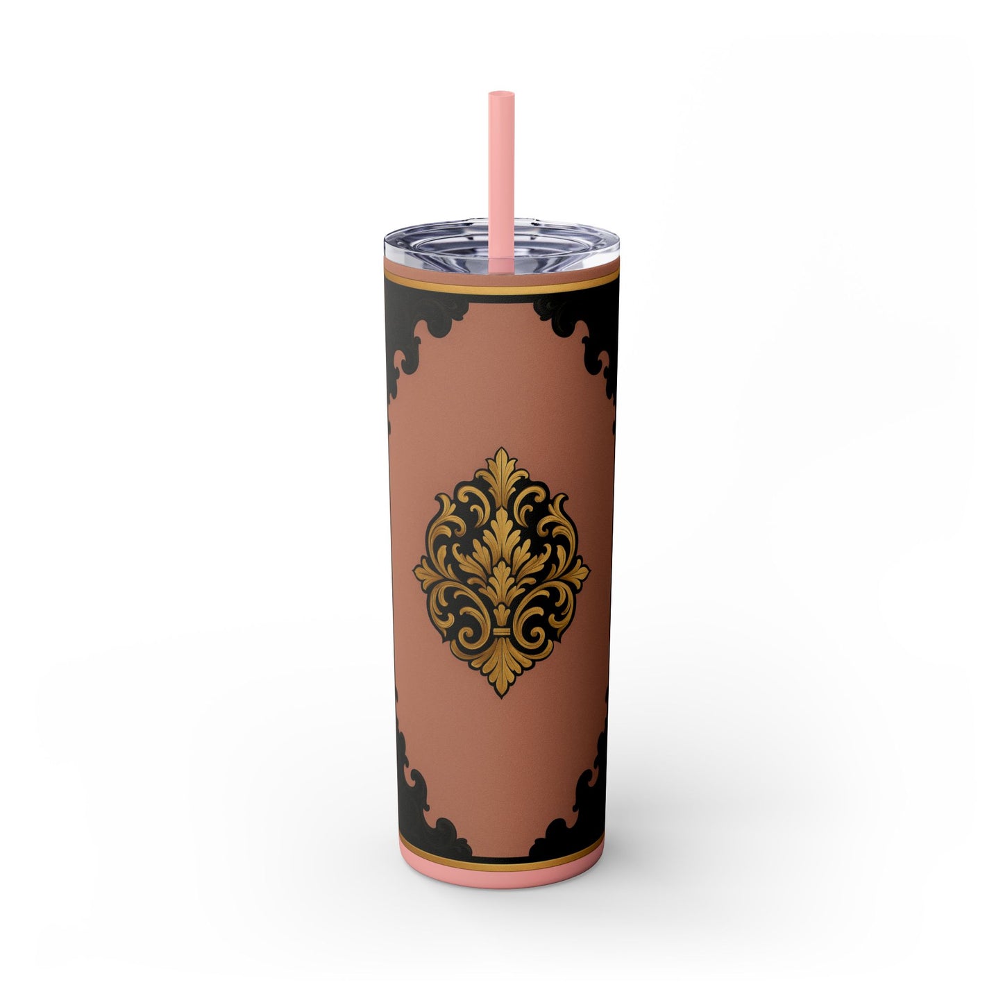 20oz Skinny Tumbler with Straw — Vintage Mauve & Black-Gold Baroque Design