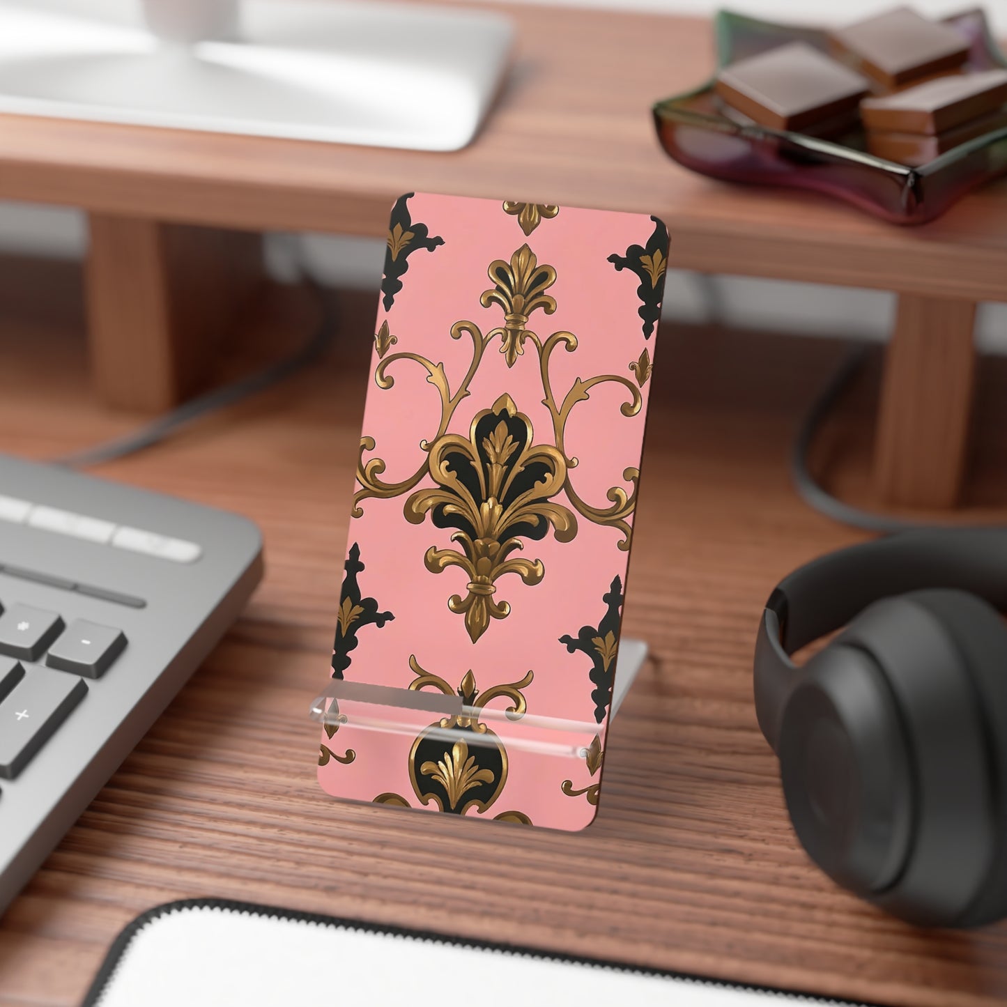 Elegant Smartphone Display Stand, Decorative Phone Holder, Office Desk Accessory, Gift for Her - Pink, Black & Gold Rococo