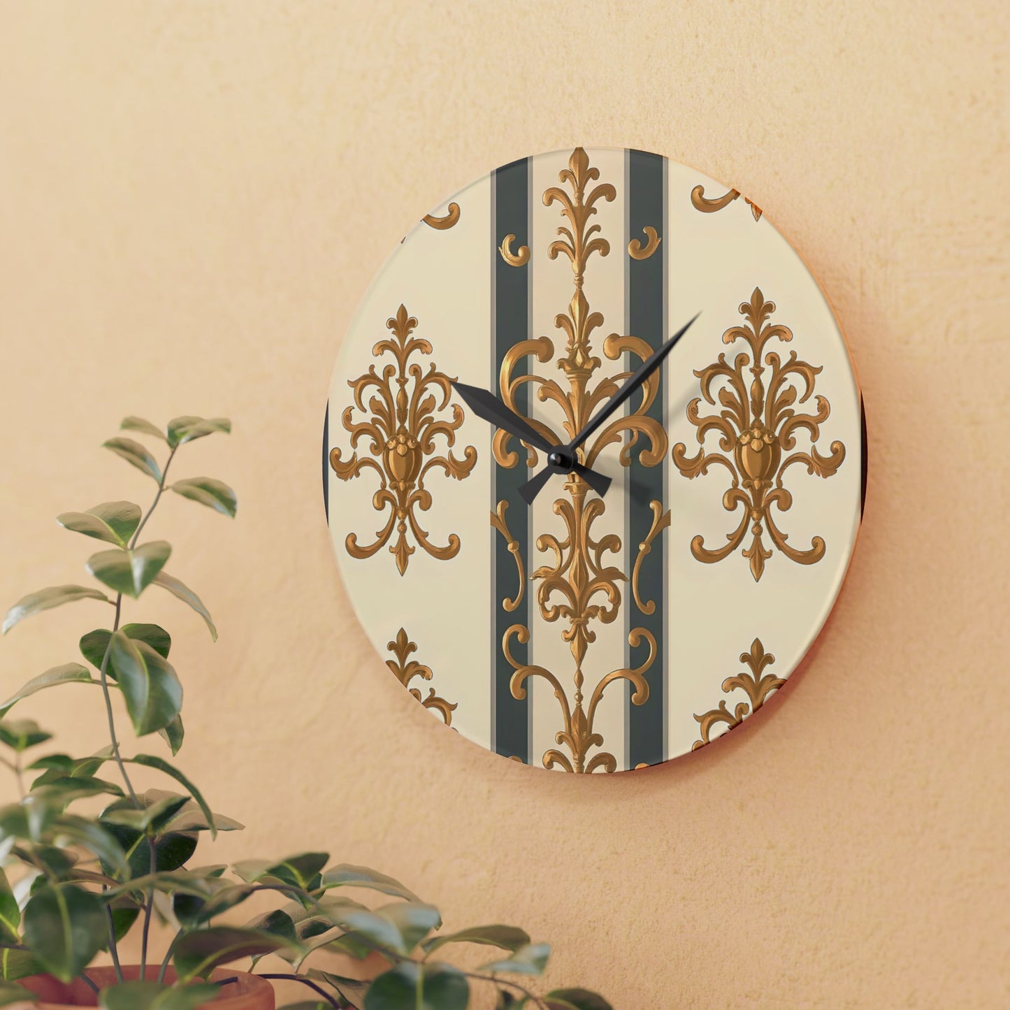 Bohemian Damask-Inspired Acrylic Wall Clock with Floral Design - Dusk Olive Striped Gold Damask