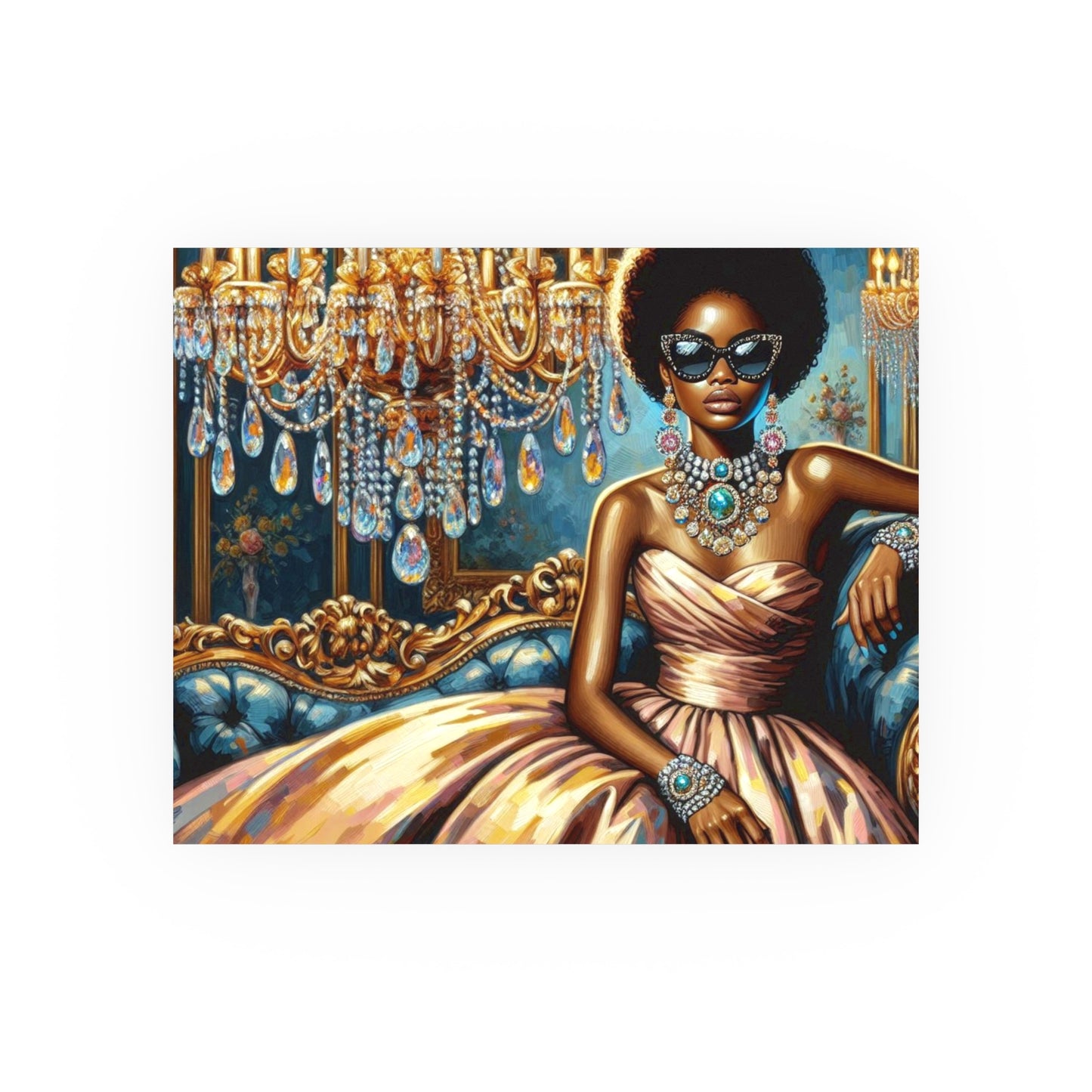 Elegant Glamour Satin Poster, Wall Art Decor, Modern Home Gallery, Gift for Art Lovers, Chic Interior Decoration - Elegant Lady & Chandelier