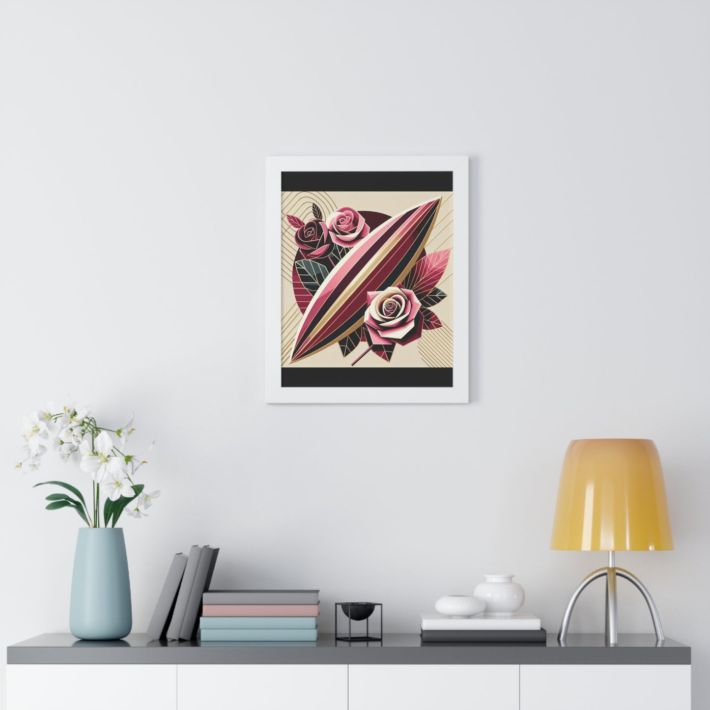 Vertical Poster - Pink & Burgundy Striped Surfboard & Roses Wall Art