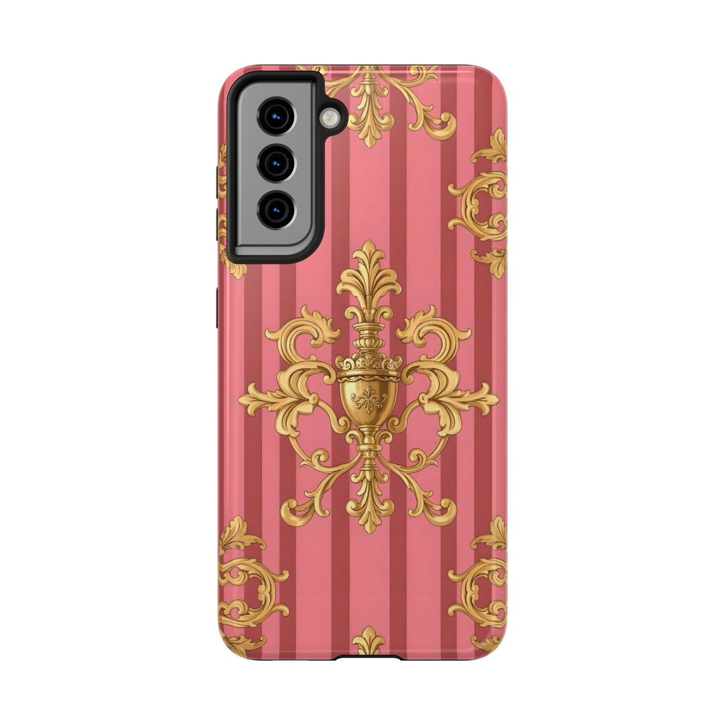 Elegant Baroque Tough Phone Cases, Durable Phone Cover, Stylish Accessory, Gift for Any Occasion - Pink Striped Gold Baroque