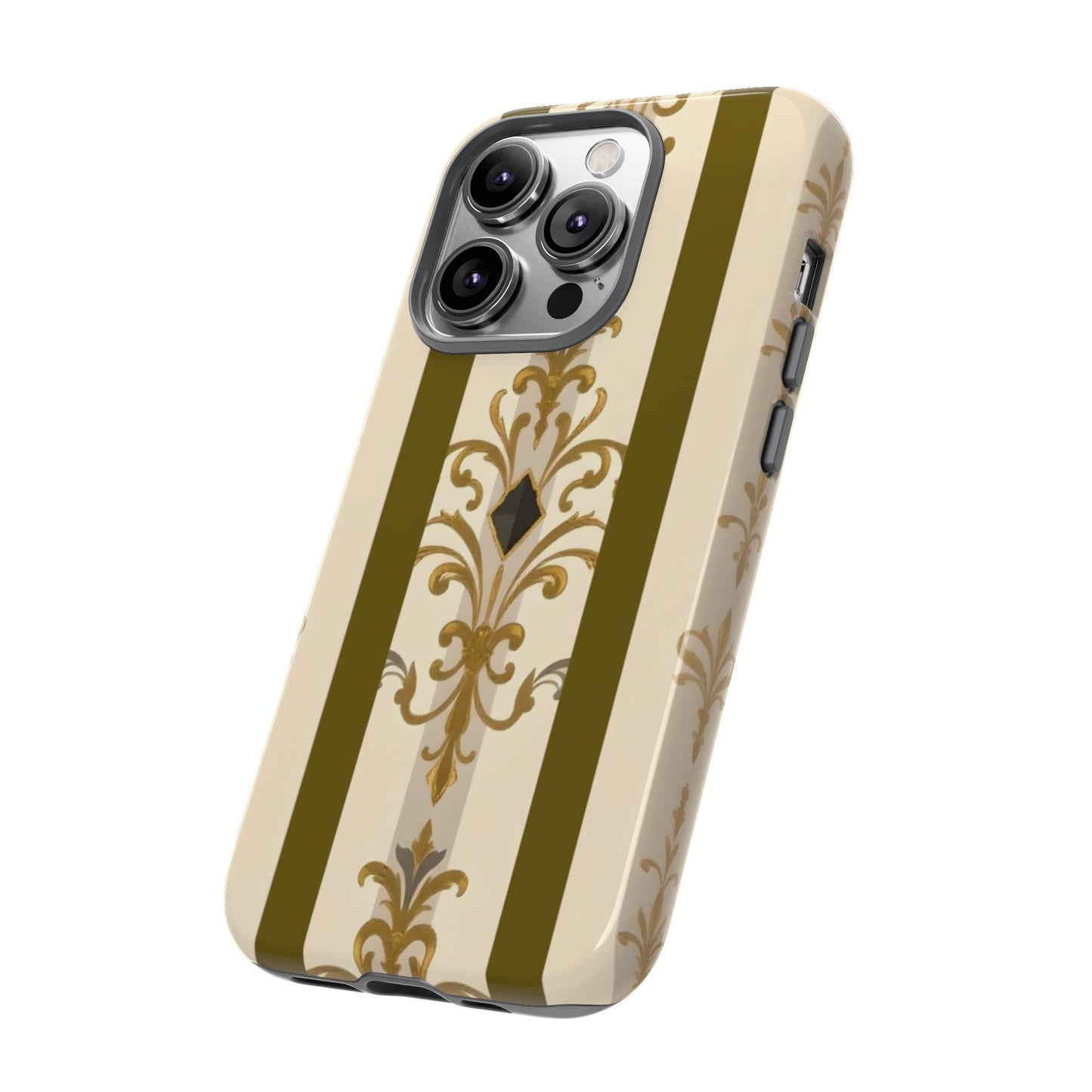 Elegant Floral Motif Phone Case - Tough Cases with Vintage Design - Olive Striped Gold Damask