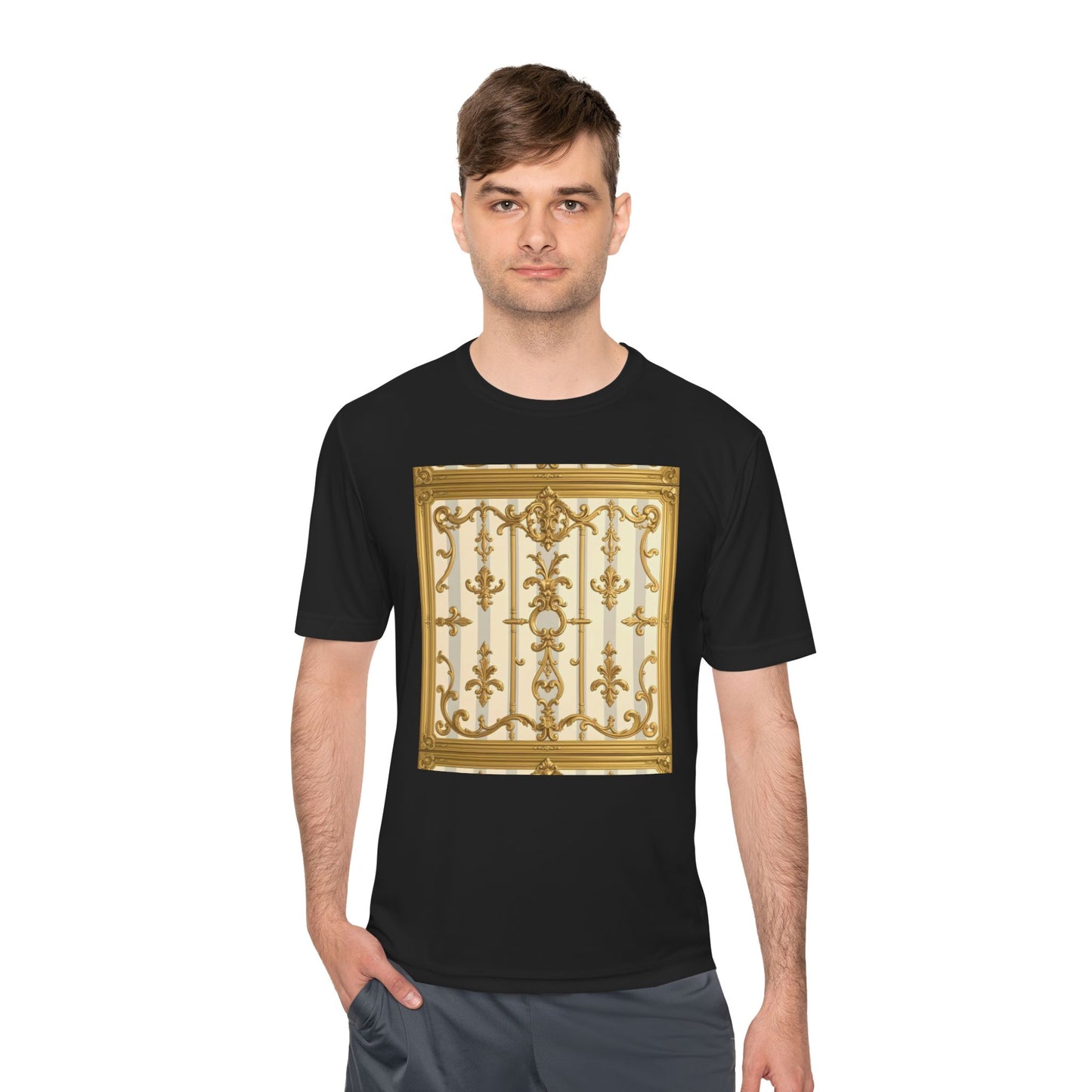 Elegant Gold Unisex Moisture Wicking Tee, Fashion Tee, Workout Shirt, Summer Style - Matte Gray & Cream Striped Gold Baroque