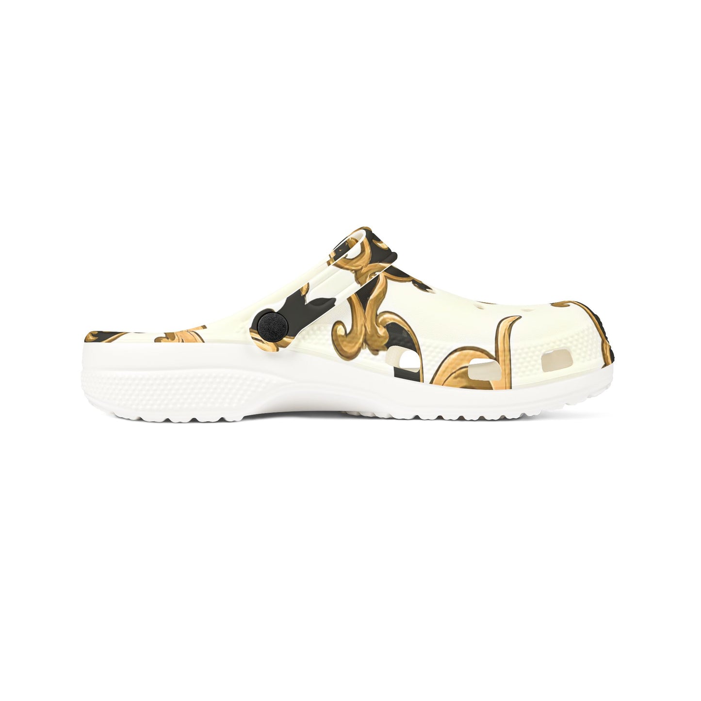 Elegant AOP EVA Foam Rubber Shoes - Stylish Comfort for Home & Outdoors, Trendy Clogs for Fashion Lovers - Black & Gold Rococo
