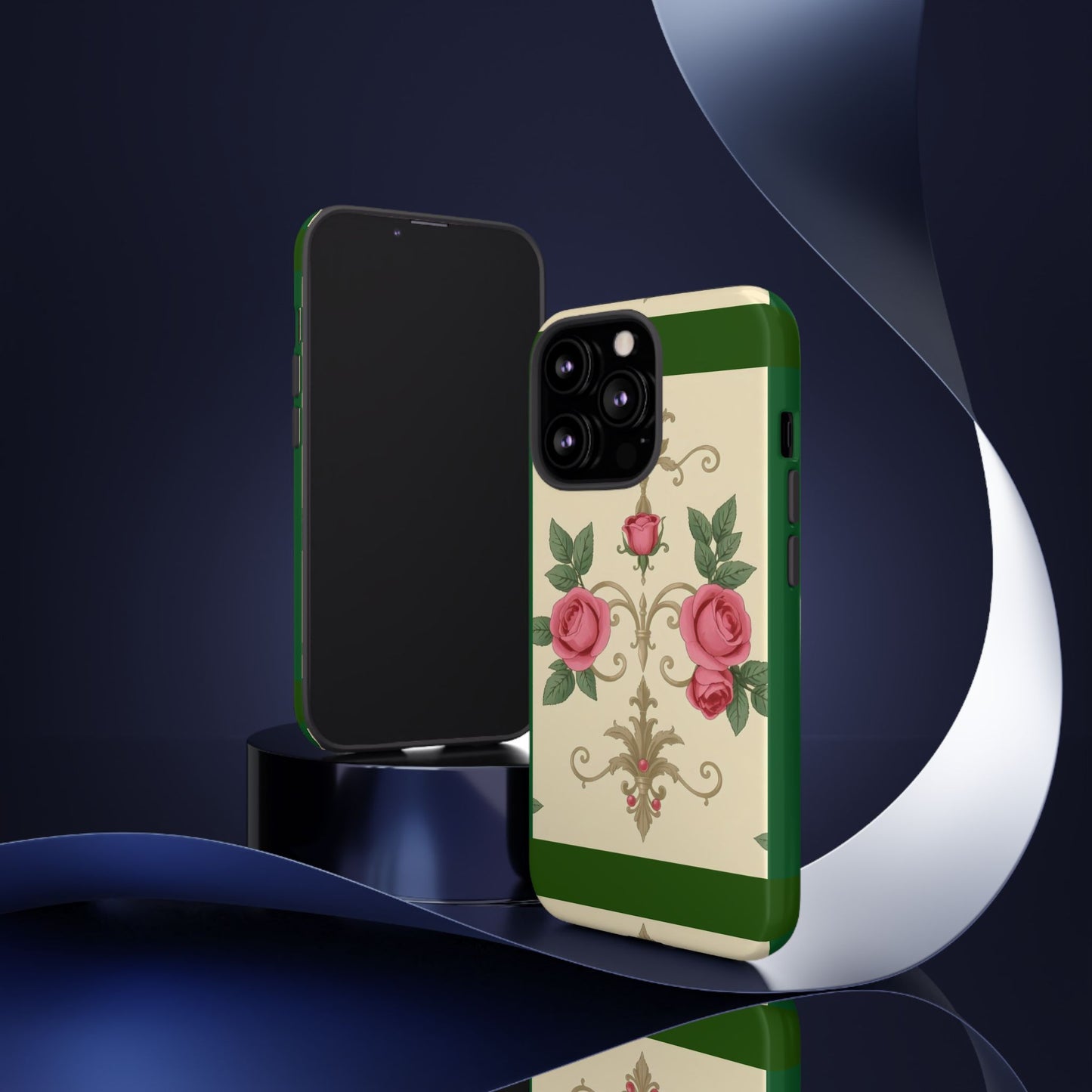 Elegant Floral Motif Phone Case - Tough Cases with Vintage Design - Green Border Roses & Damask