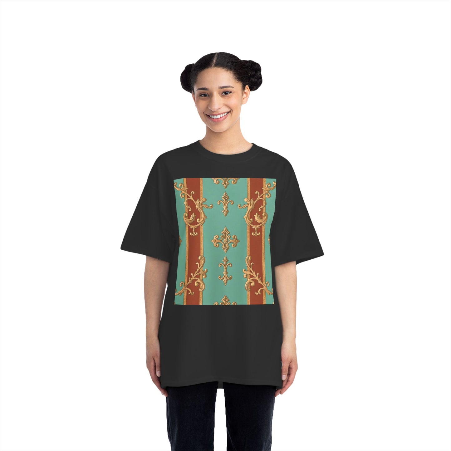 Elegant Vintage Patterned T-Shirt | Vintage Style Tee, Casual Wear, Retro Aesthetic - Rust & Mint Aqua Striped Baroque