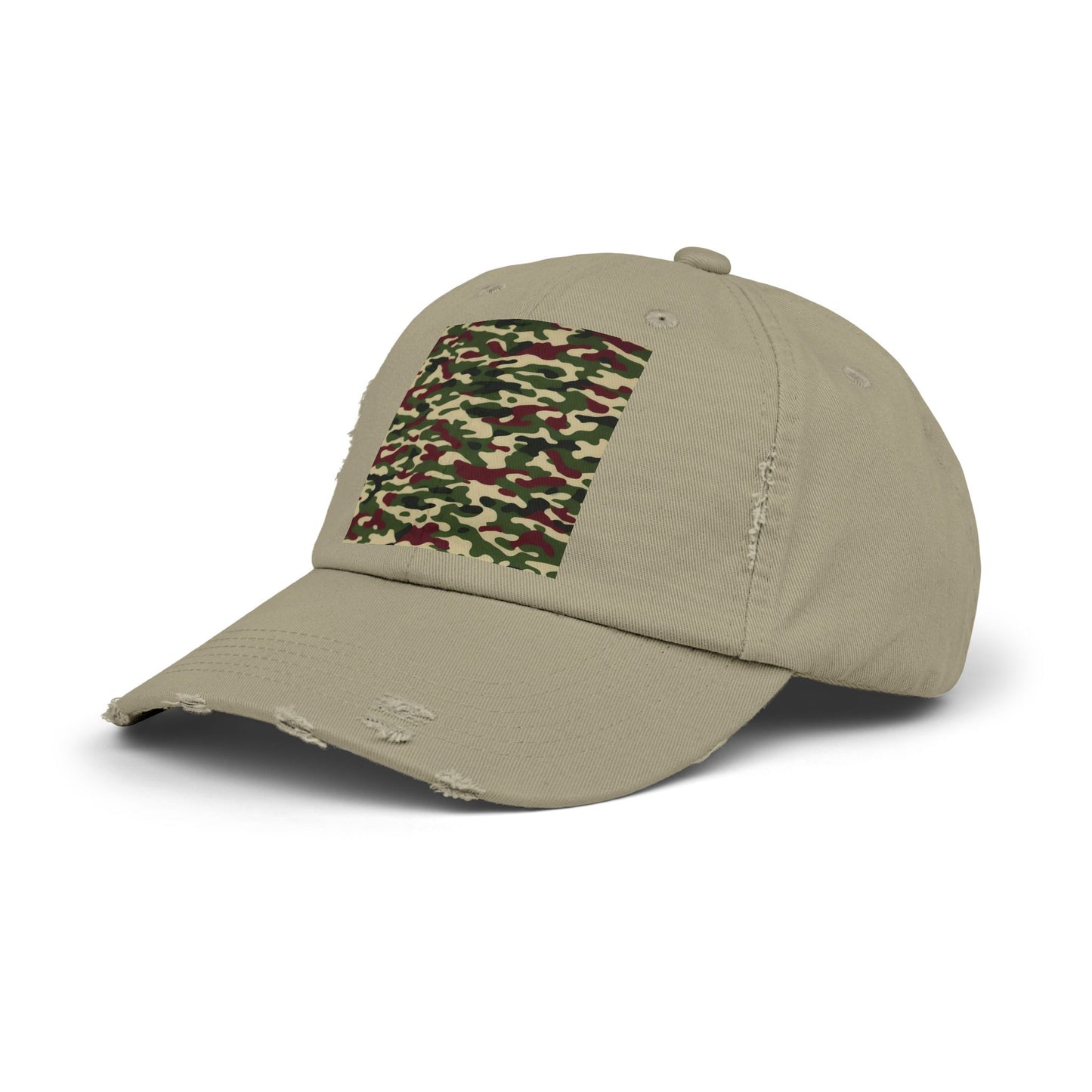 Camo Distressed Cap | Unisex Fashion Hat, Trendy Outdoor Accessory, Gift for Him/Her, Casual Wear, Sports Cap - Army Green & Burgundy Camo