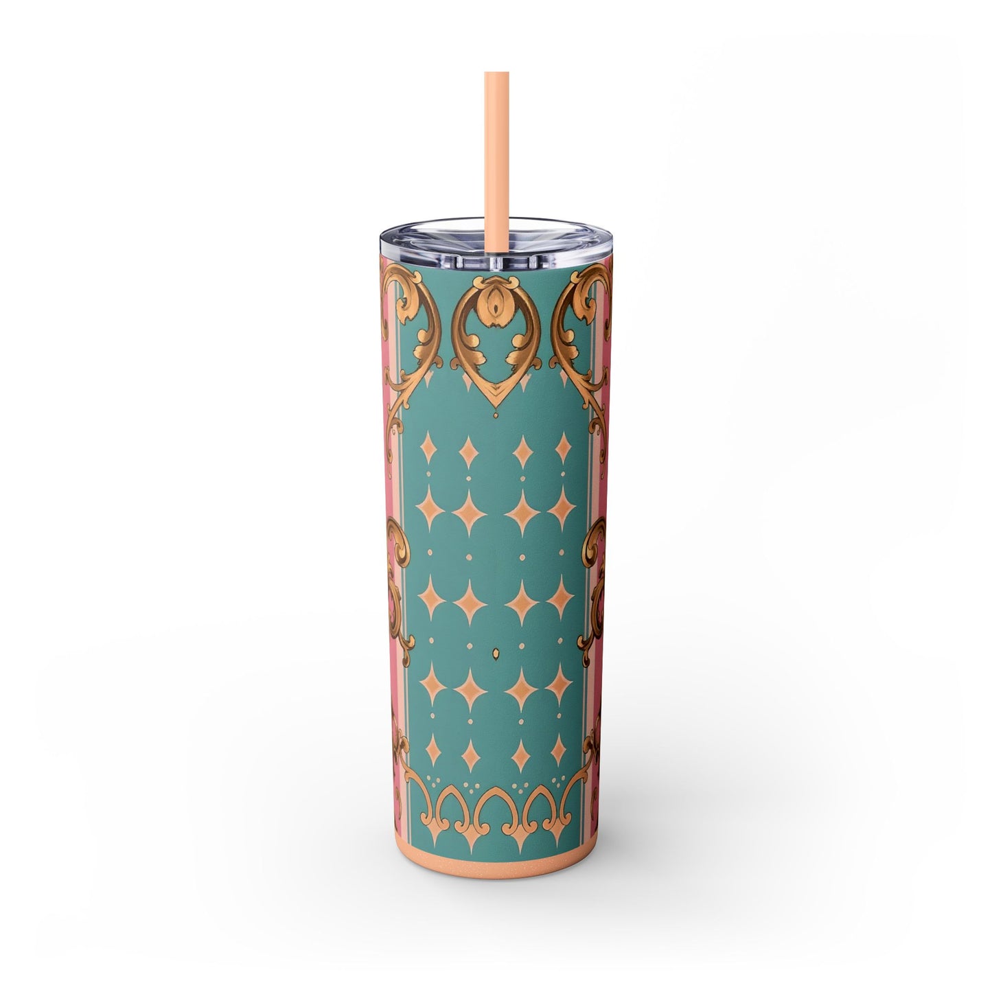 Elegant Floral Skinny Tumbler, 20oz Travel Mug, Stylish Drinkware, Perfect Gift for Her, Vintage Inspired - Pink & Matte Turquoise Striped Rococo