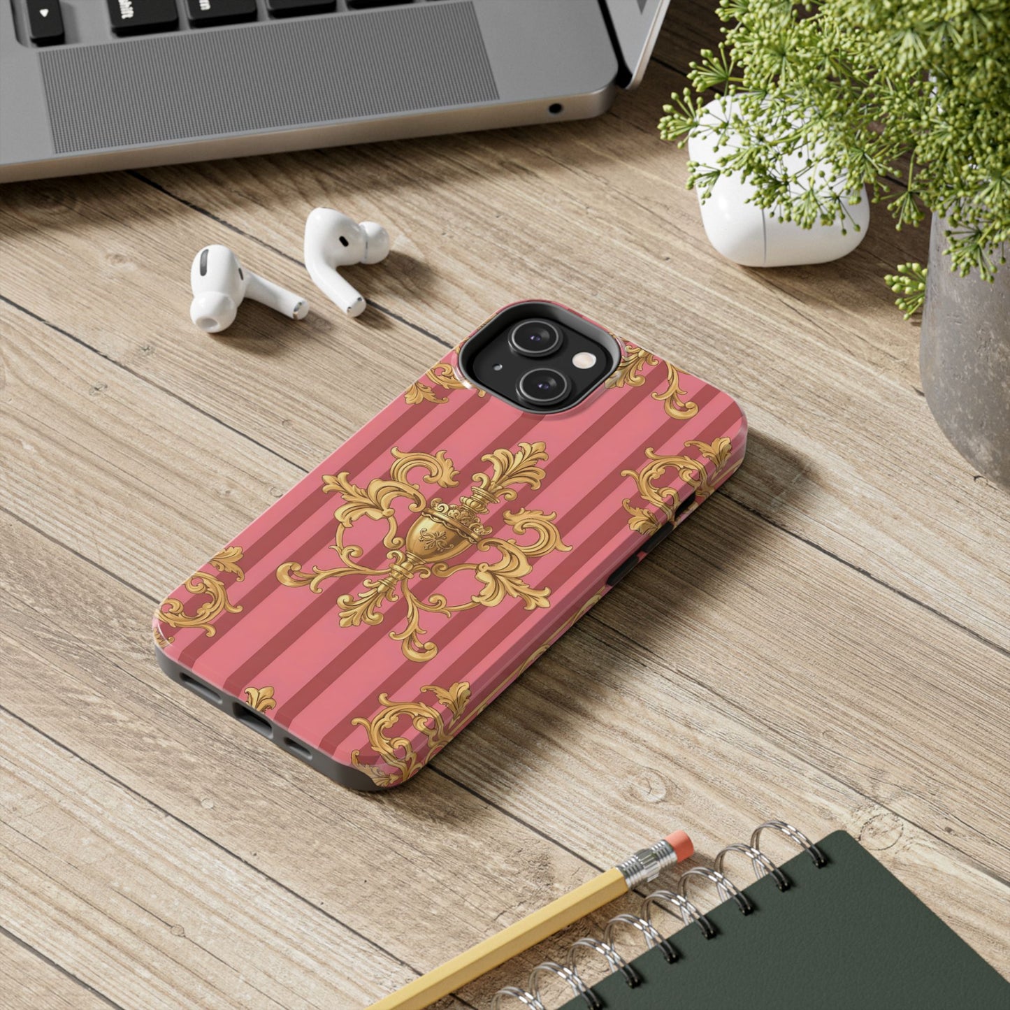 Elegant Baroque Tough Phone Cases, Durable Phone Cover, Stylish Accessory, Gift for Any Occasion - Pink Striped Gold Baroque