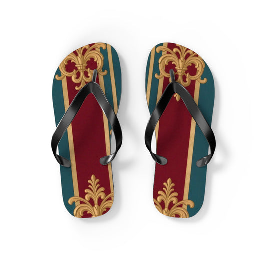 Elegant Floral Pattern Flip Flops, Stylish Beach Footwear, Summer Accessories, Vacation Sandals - Burgundy Striped Gold Baroque