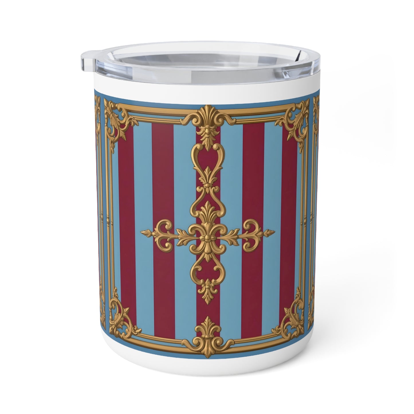 Elegant Insulated Coffee Mug, 10oz - Vintage Design for Coffee Lovers, Perfect Gift for Birthdays - Sky Blue & Maroon Striped Baroque