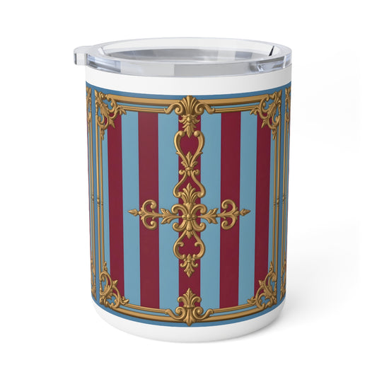 Elegant Insulated Coffee Mug, 10oz - Vintage Design for Coffee Lovers, Perfect Gift for Birthdays - Sky Blue & Maroon Striped Baroque