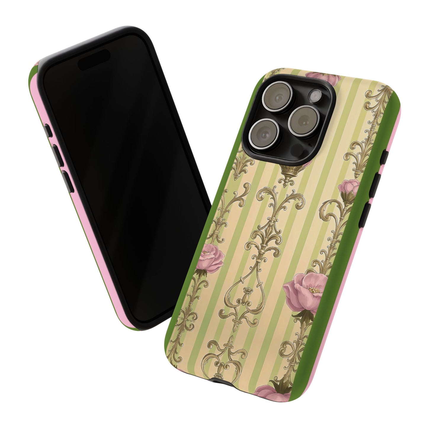 Elegant Floral Motif Phone Case - Tough Cases with Vintage Design - Lime Green & Pink Striped Damask