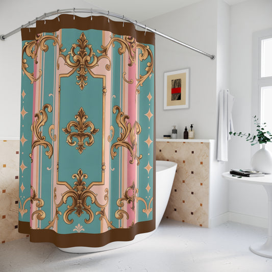 Vintage Elegance Shower Curtain, Bohemian Bathroom Decor, Luxurious Interior Design - Pink & Matte Turquoise Striped Rococo