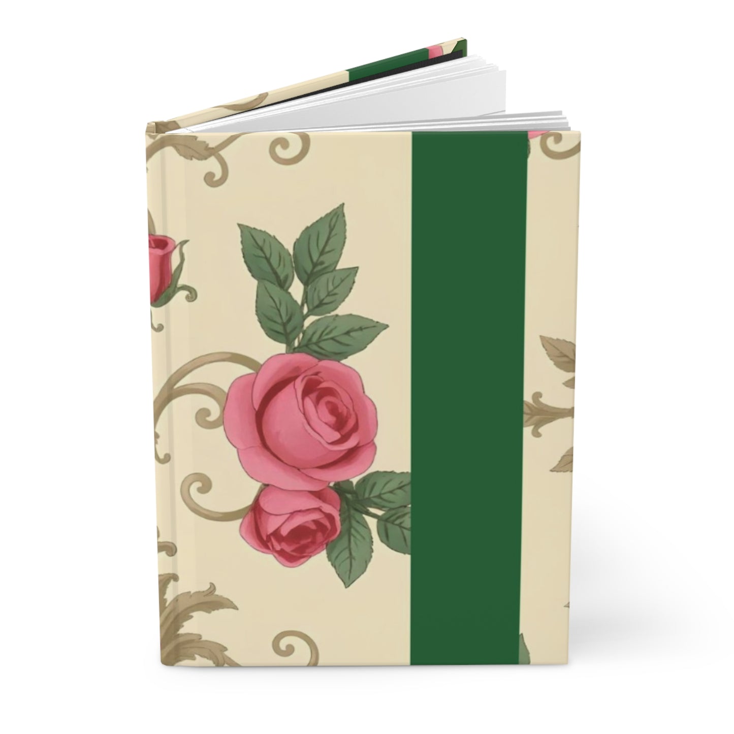 Elegant Floral Motif Hardcover Journal - Stylish Writing Notebook - Green Border Roses & Damask
