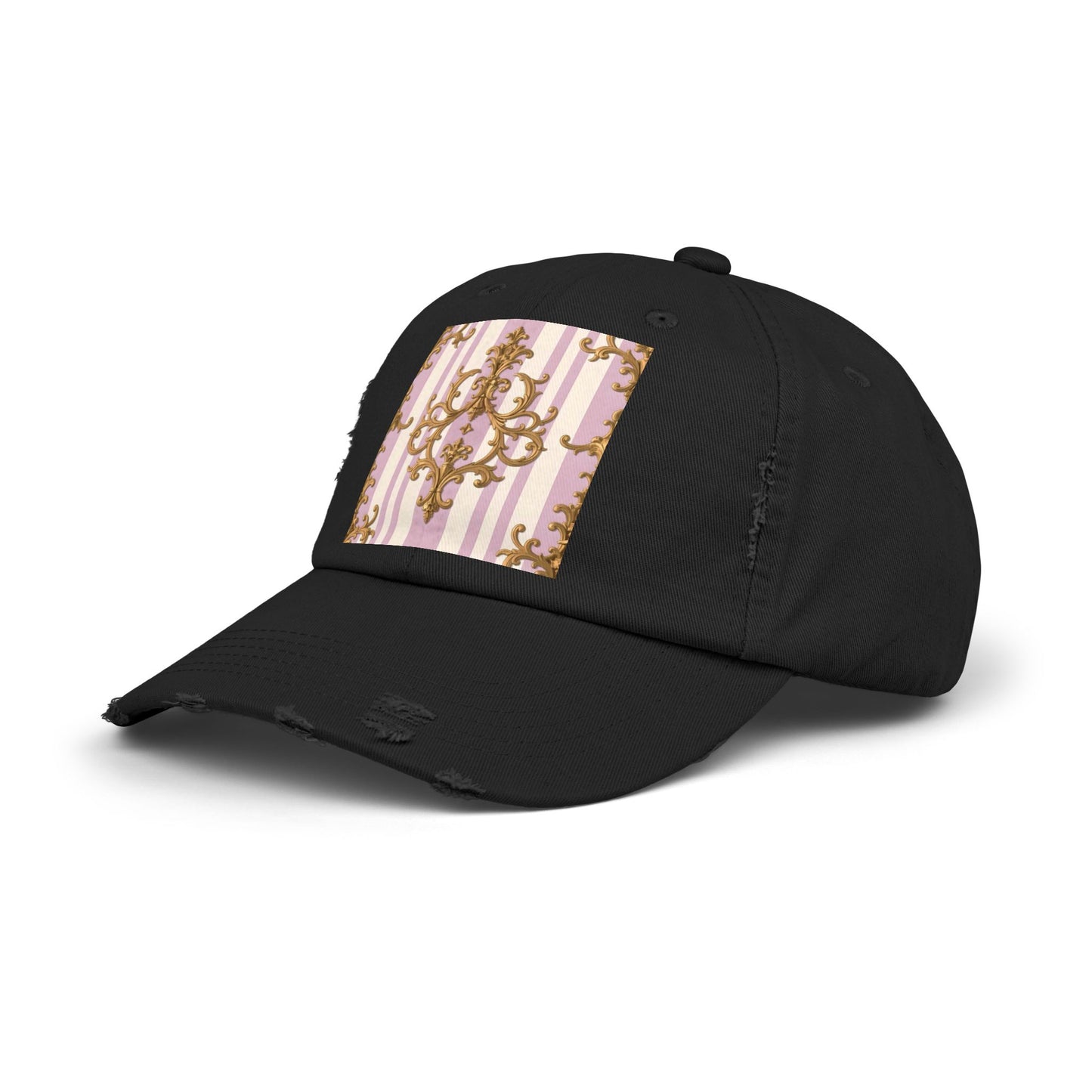 Chic Distressed Cap with Elegant Design | Trendy Accessory, Gift for Fashion Lovers, Perfect for Casual Outings - Lilac & Alabaster Striped Gold Baroque
