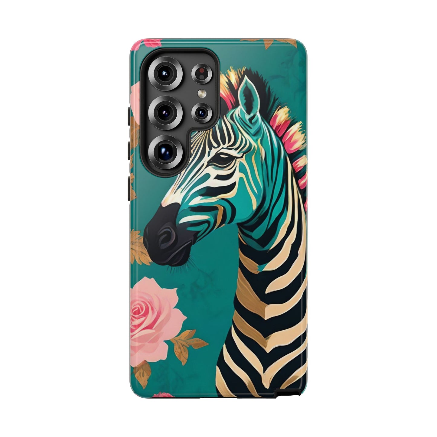 Phone Case - Elegant Teal & Gold Zebra & Roses Design