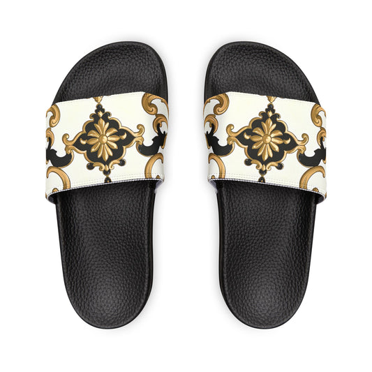 Chic Women's Removable-Strap Sandals | Casual Sliders, Summer Footwear, Stylish Slide Sandals, Trendy Beachwear - Black & Gold Rococo