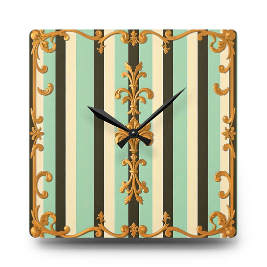 Elegant Vintage Acrylic Wall Clock | Home Decor | Timeless Gift for Her | Wedding, Anniversary, Housewarming - Black & Matte Mint Striped Rococo