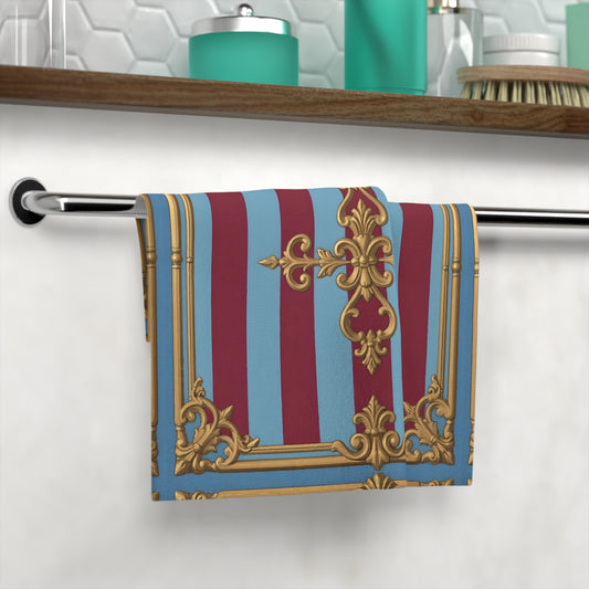Elegant Decorative Face Towel, Luxurious Spa Towel, Home Décor Towel, Wedding Gift - Sky Blue & Maroon Striped Baroque