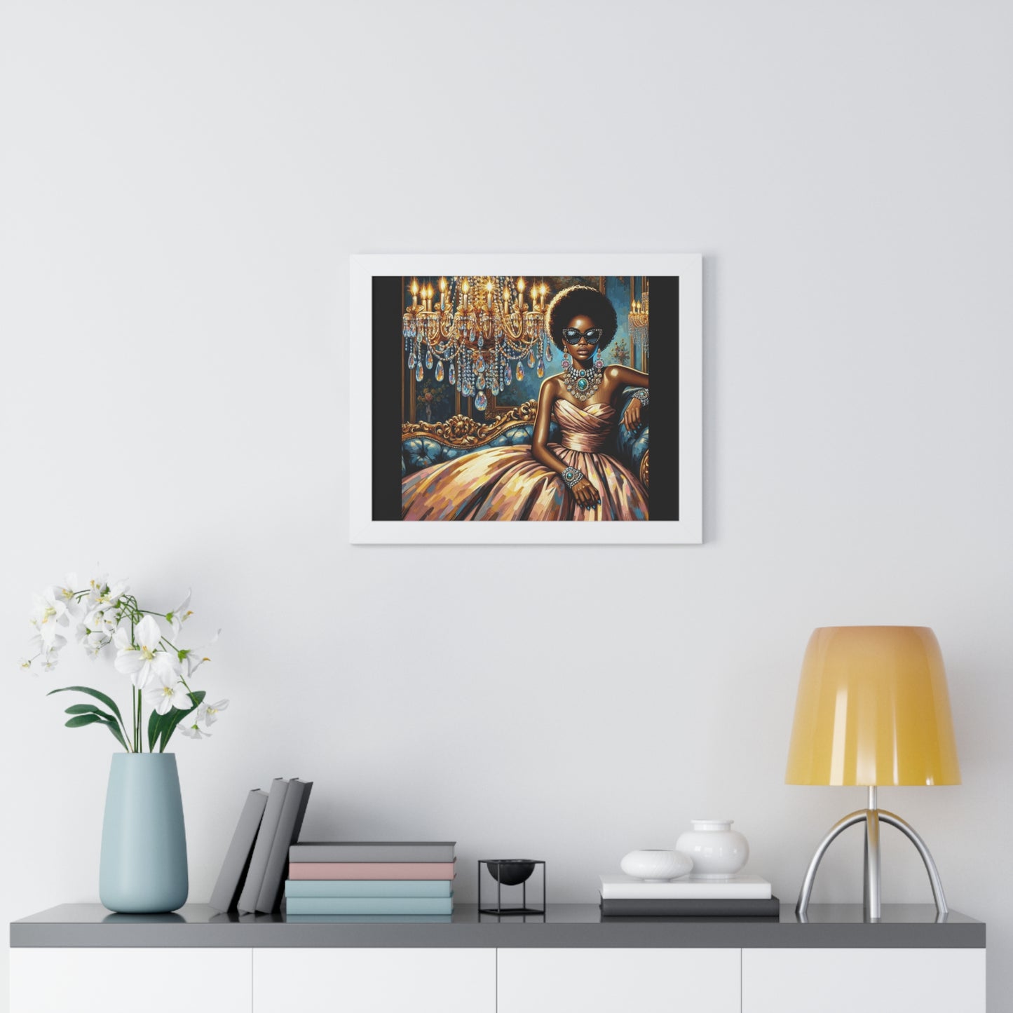 Elegant Framed Art Print | Chic Home Décor, Wall Art for Living Room, Unique Gift, Glamorous Aesthetic, Fashionable - Elegant Lady & Chandelier