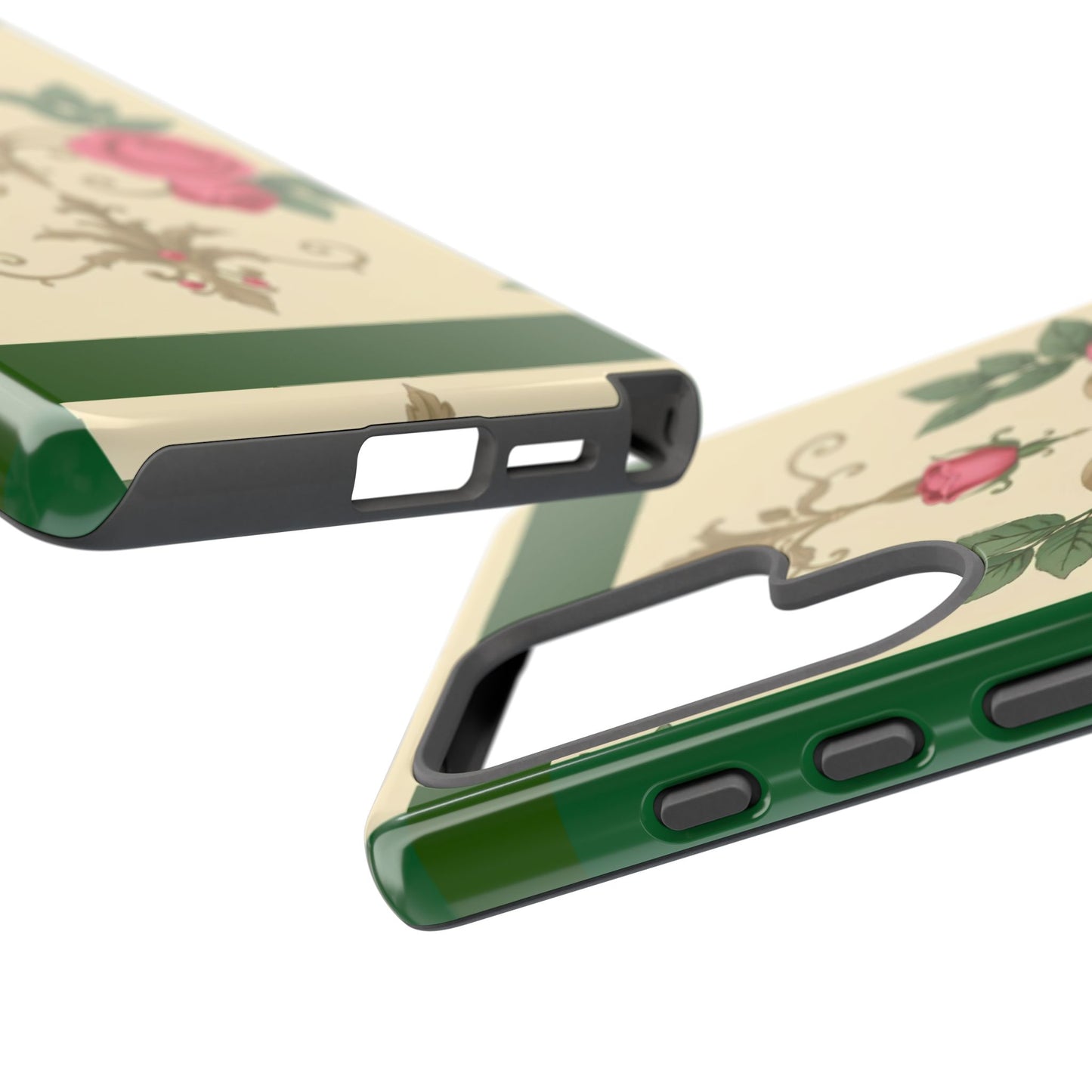Elegant Floral Motif Phone Case - Tough Cases with Vintage Design - Green Border Roses & Damask