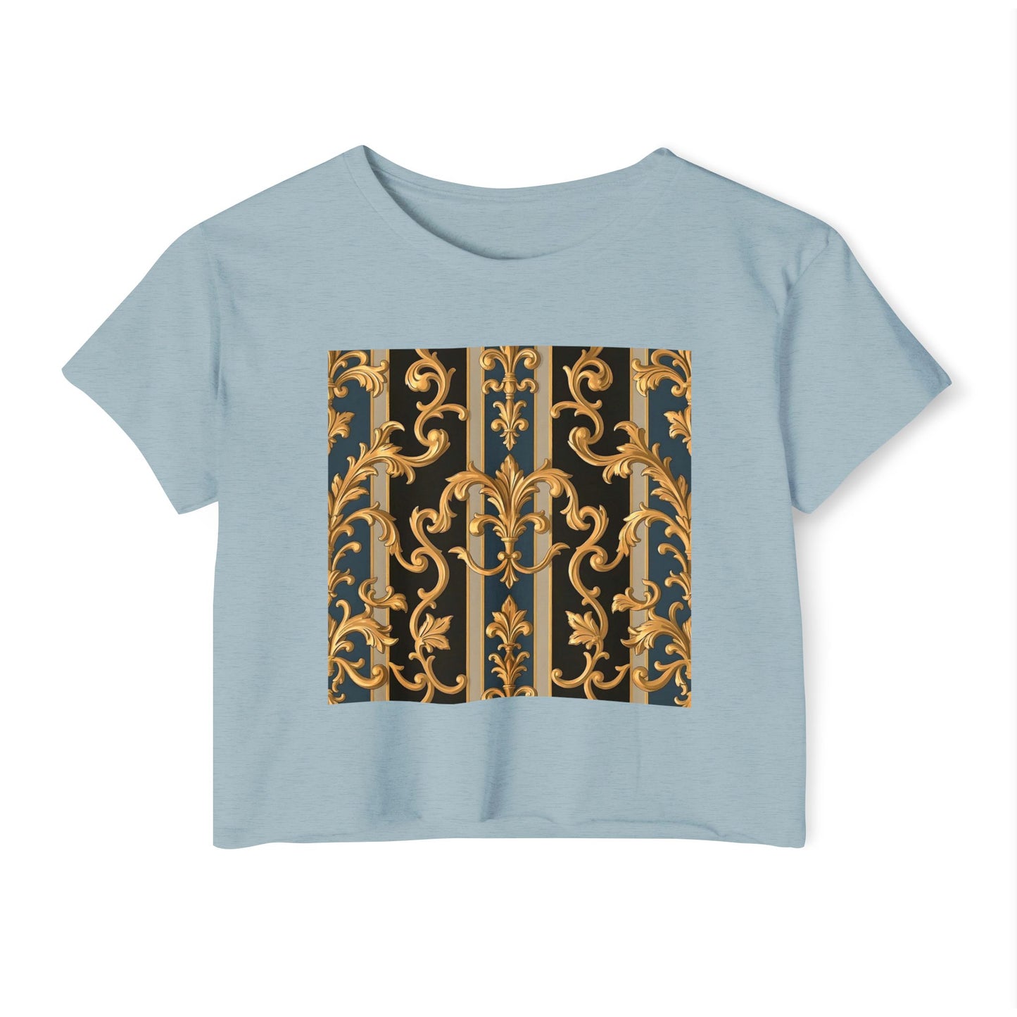 Women’s Festival Crop Top with Stylish Floral Pattern - Summer Outfit, Boho Chic, Concert Wear - Blue & Black Striped Rococo
