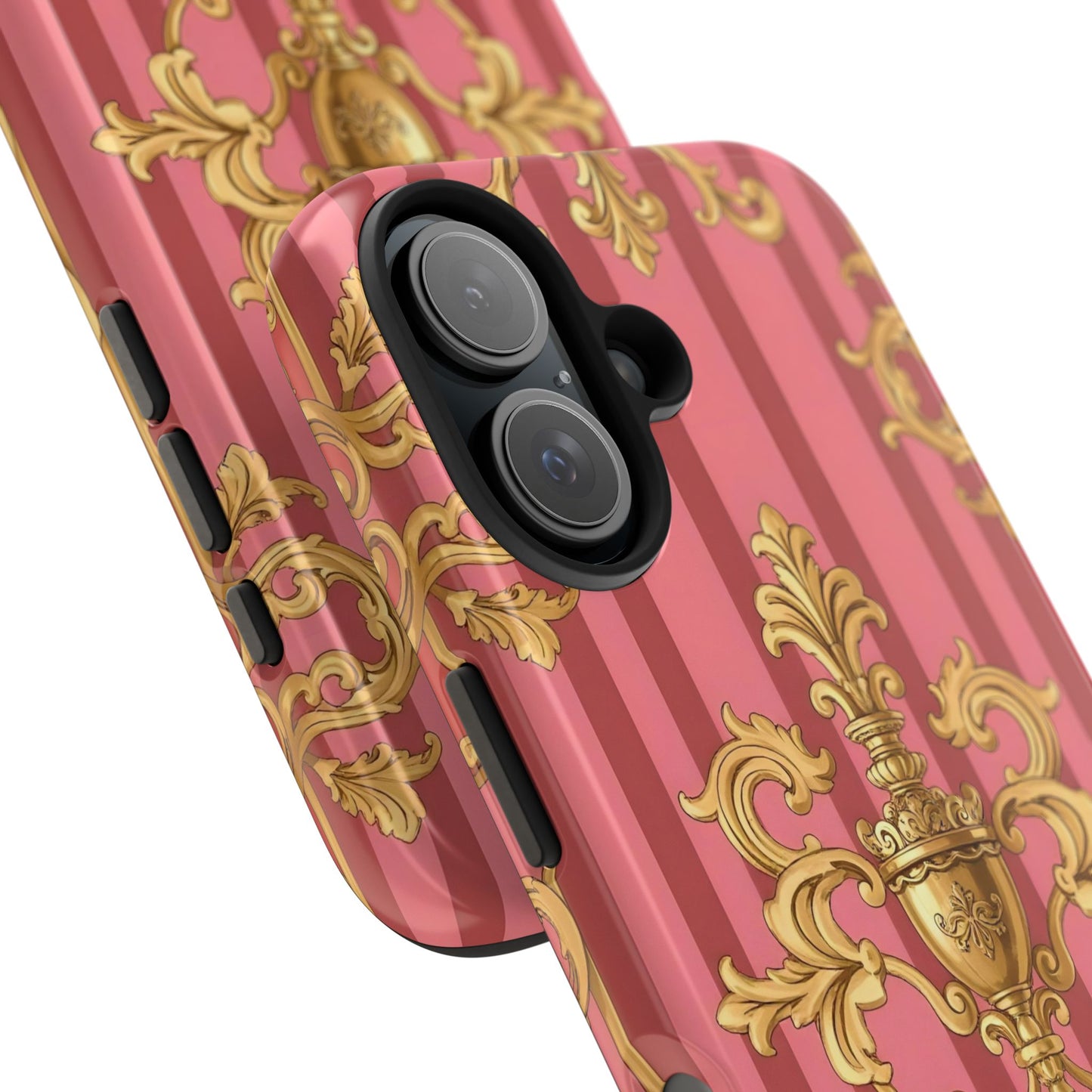 Elegant Baroque Tough Phone Cases, Durable Phone Cover, Stylish Accessory, Gift for Any Occasion - Pink Striped Gold Baroque