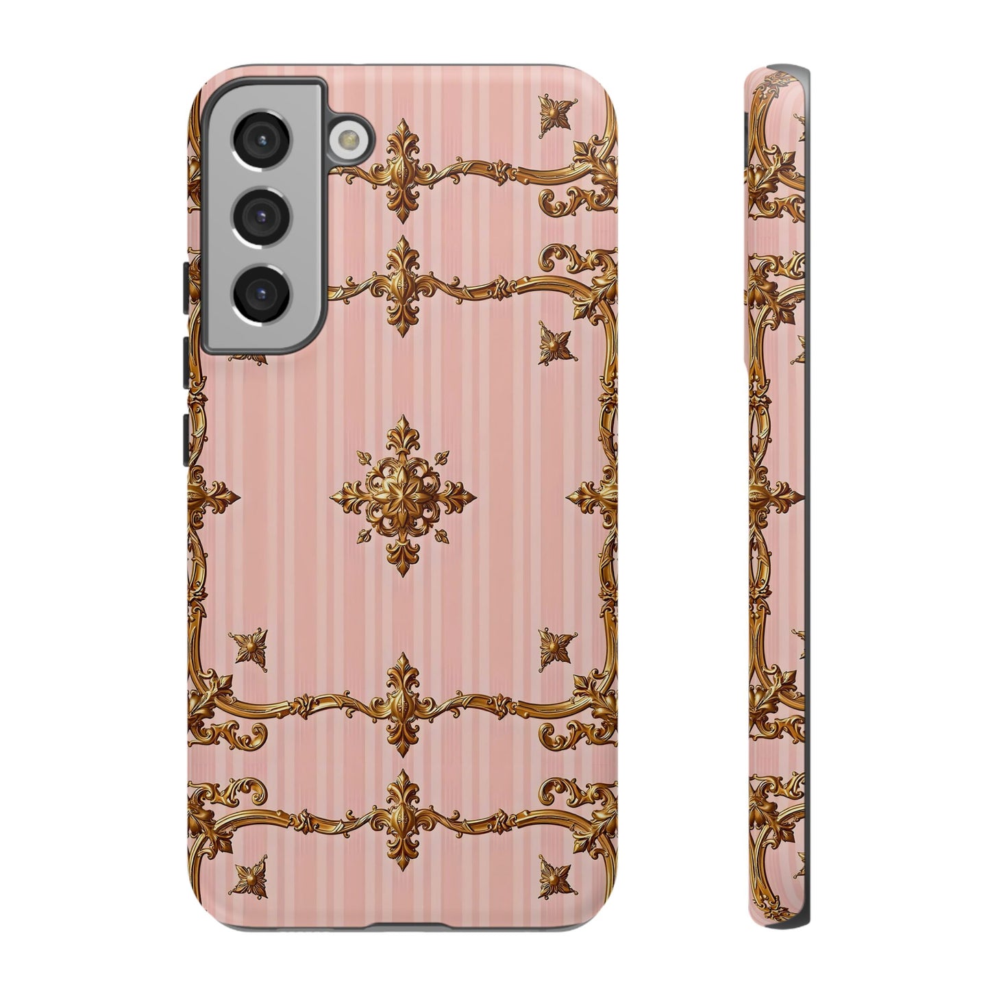 Elegant Floral Phone Case, Tough Cases for Women, Trendy Phone Cover, Chic Gift - Pink Striped Gold Baroque