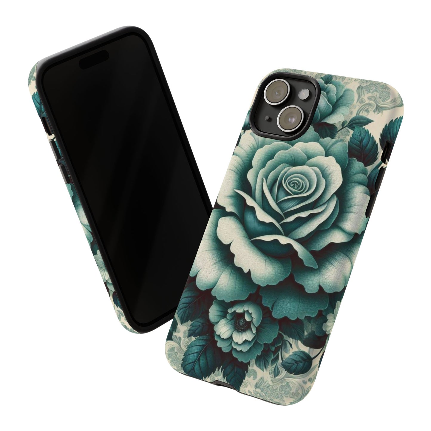 Elegant Floral Motif Phone Case - Tough Cases with Vintage Design - Teal Roses & Damask