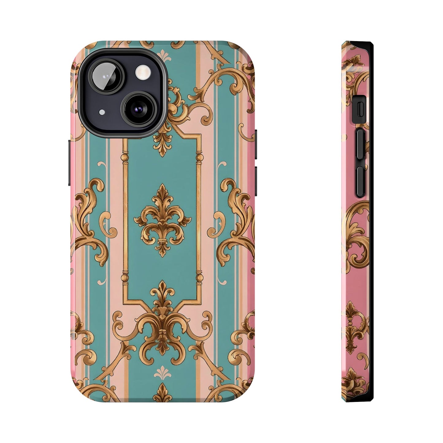 Elegant Floral Tough Phone Case, Artistic Phone Cover, Gift for Her, Chic Phone Accessory - Pink & Matte Turquoise Striped Rococo