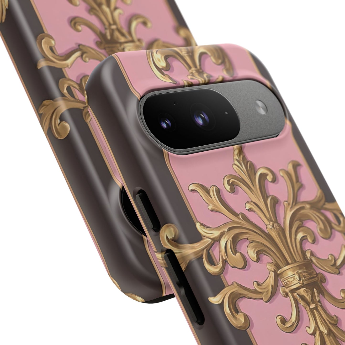 Elegant Floral Motif Phone Case - Tough Cases with Vintage Design - Pink & Brown Striped Gold Damask