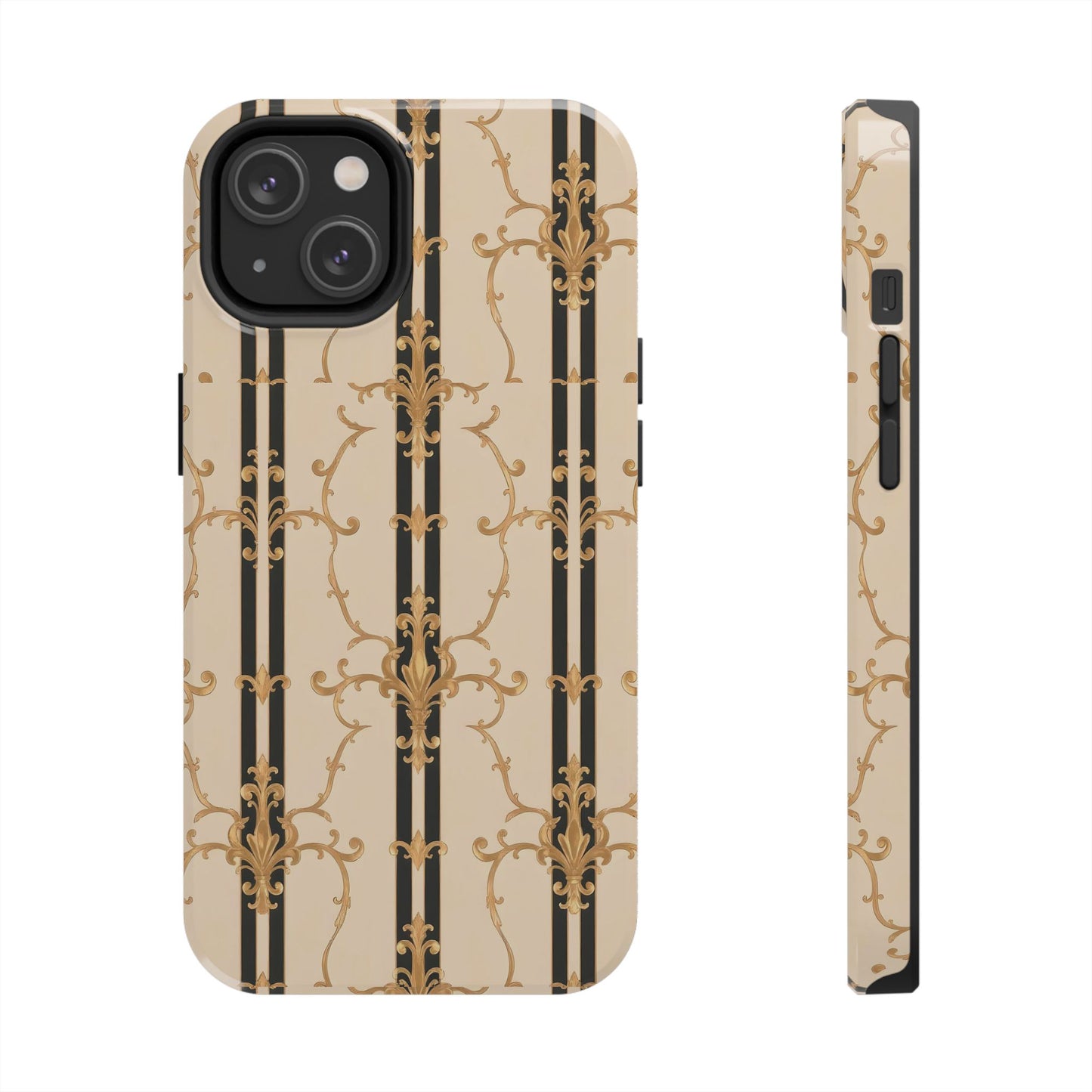 Elegantly Tough Phone Cases | Stylish Phone Covers, Durable Cases, Fashionable Accessories - Black & Beige Striped Damask