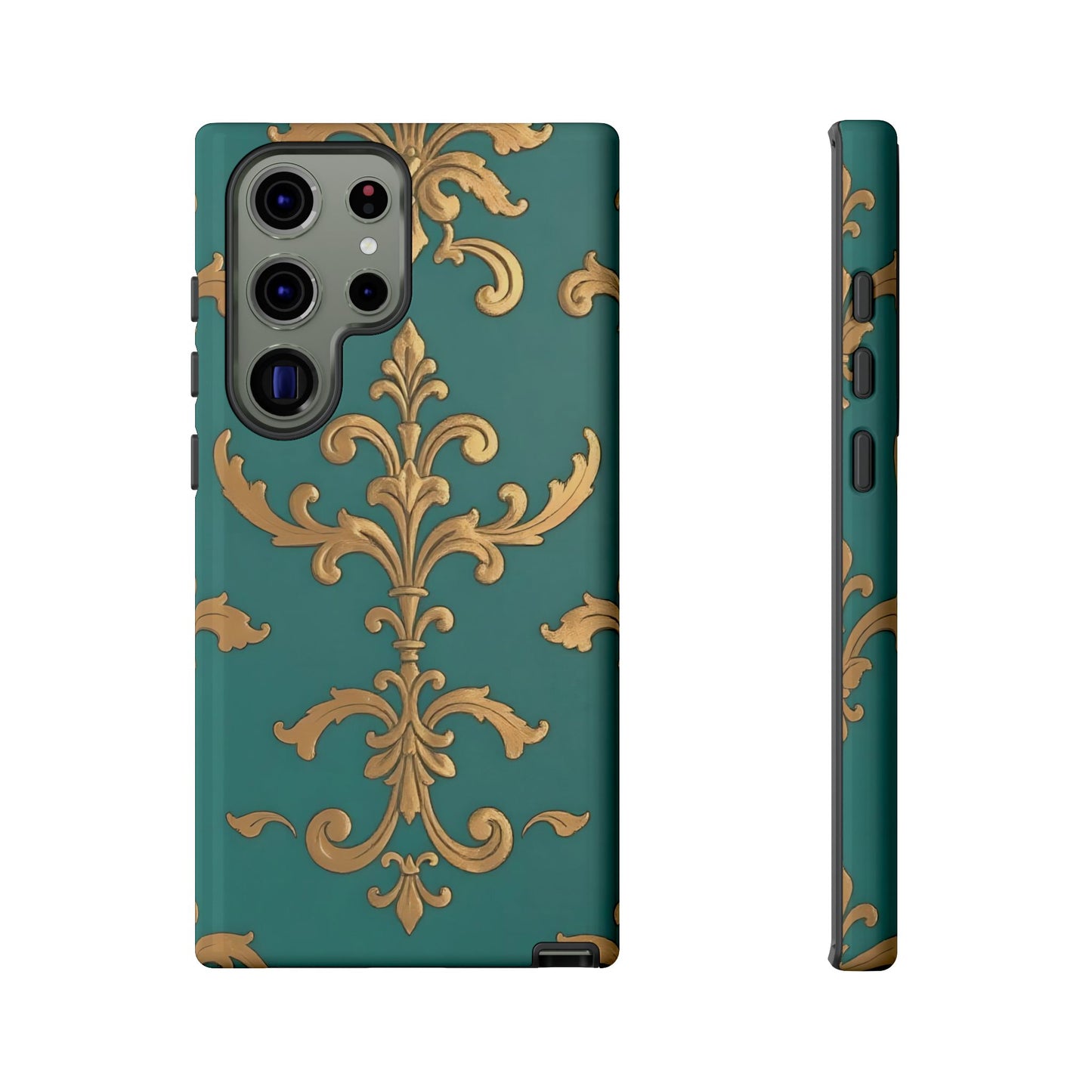 Elegant Floral Motif Phone Case - Tough Cases with Vintage Design - Aqua & Gold Damask